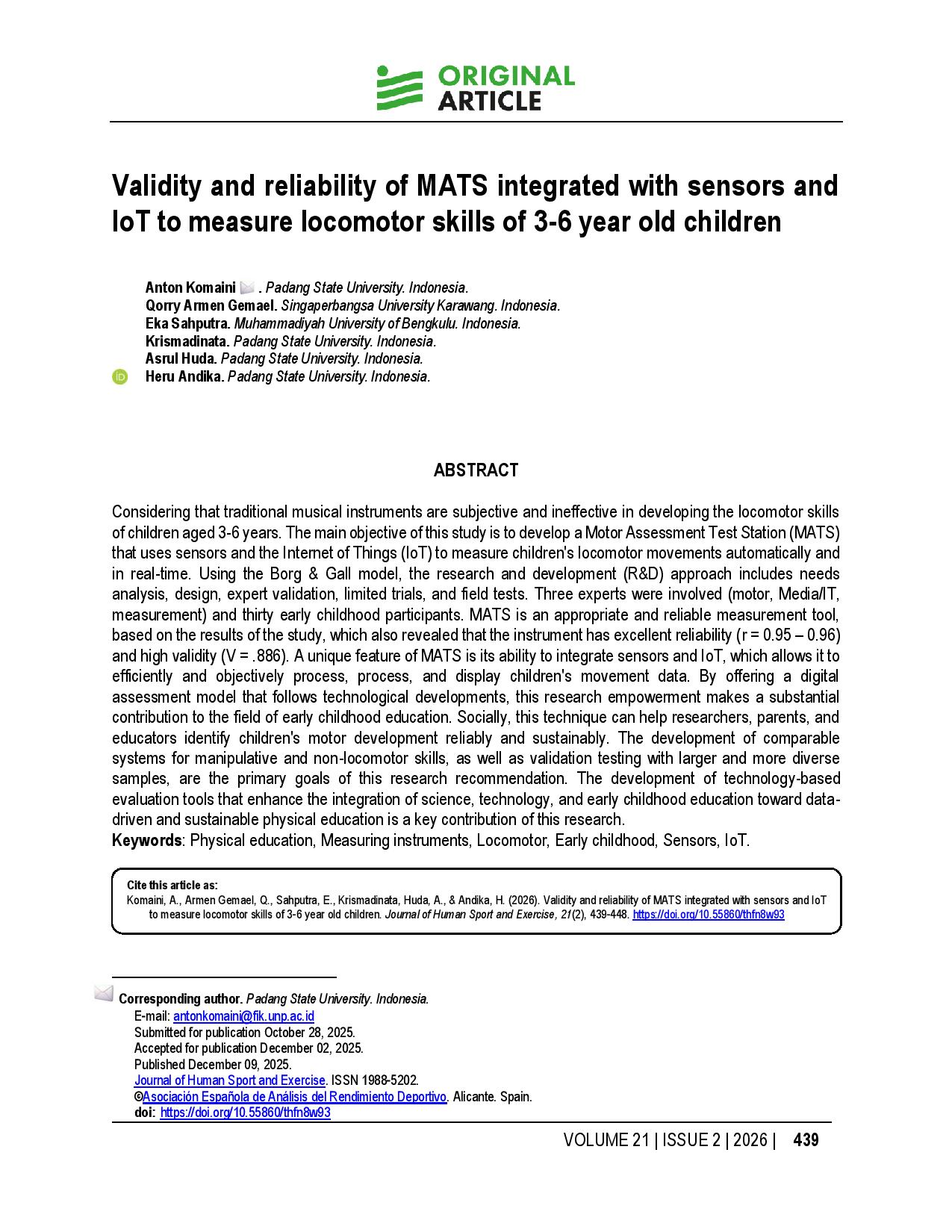 Validity and reliability of MATS integrated with sensors and IoT to measure locomotor skills of 3-6 year old children