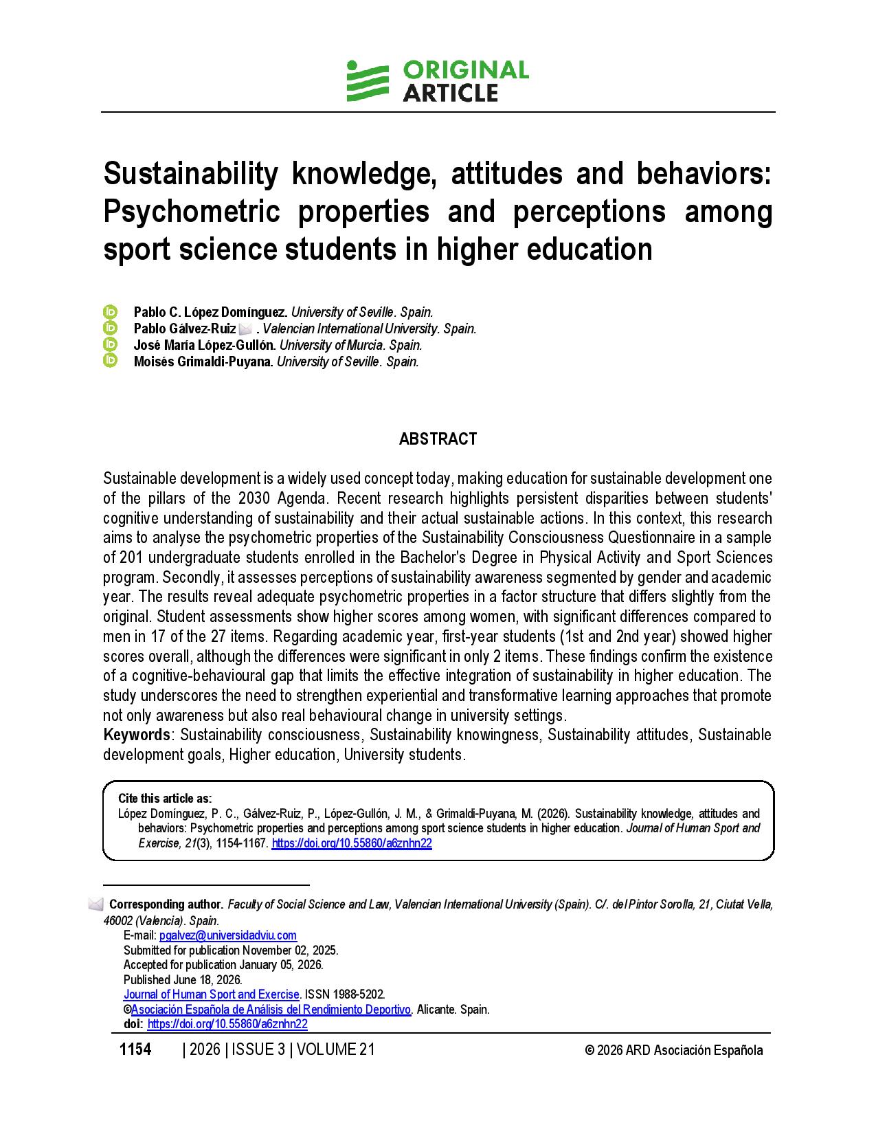 Sustainability knowledge, attitudes and behaviors: Psychometric properties and perceptions among sport science students in higher education