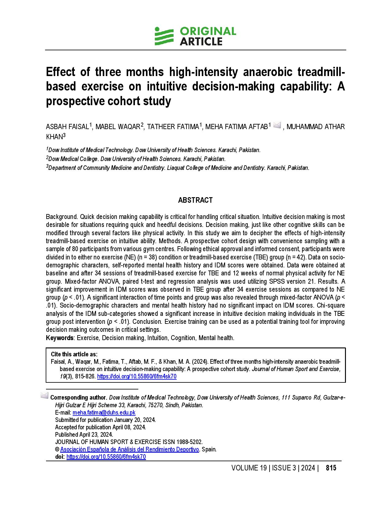 Effect of three months high-intensity anaerobic treadmill-based exercise on intuitive decision-making capability: A prospective cohort study