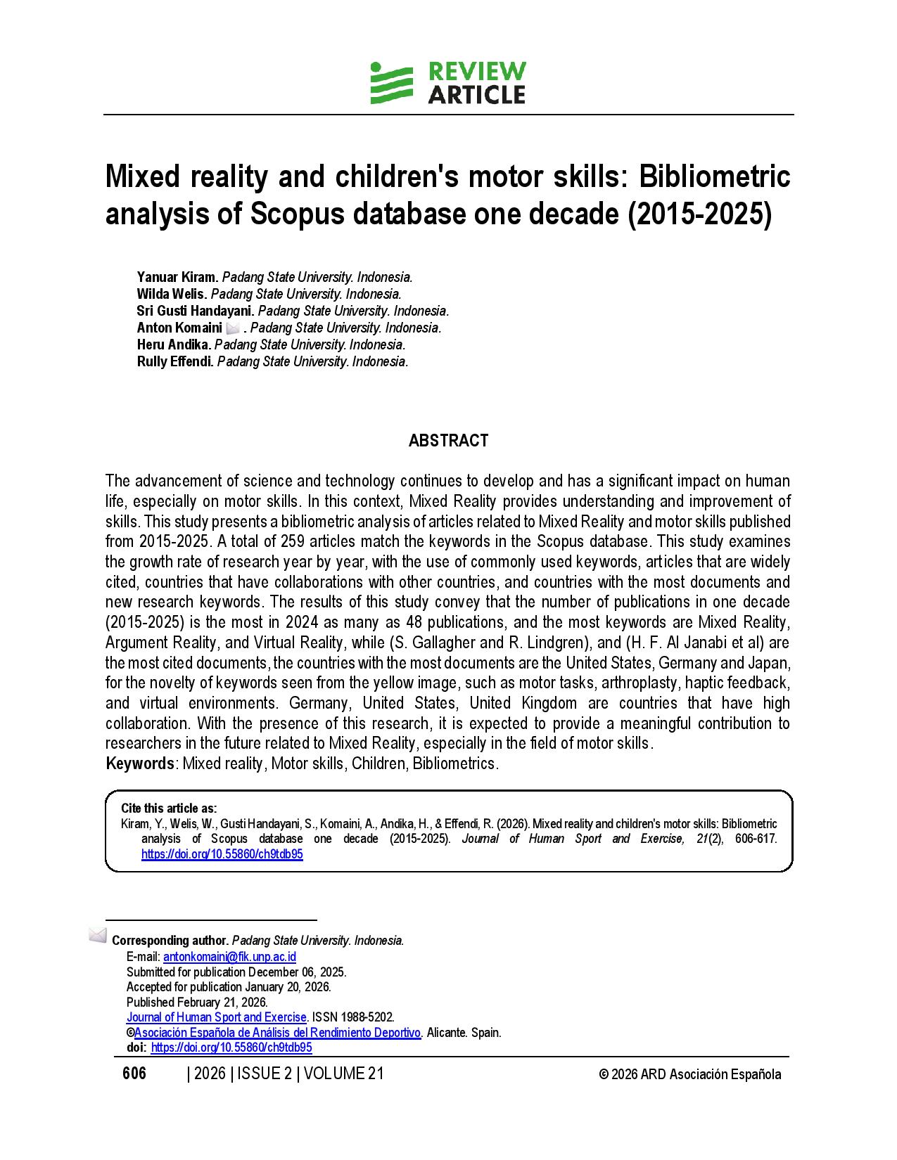 Mixed reality and children's motor skills: Bibliometric analysis of Scopus database one decade (2015-2025)