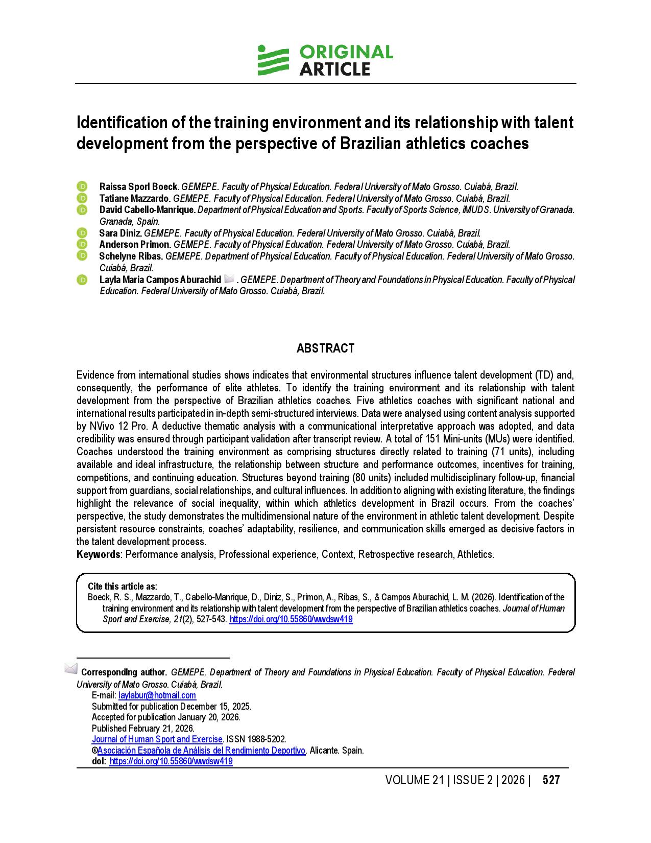 Identification of the training environment and its relationship with talent development from the perspective of Brazilian athletics coaches