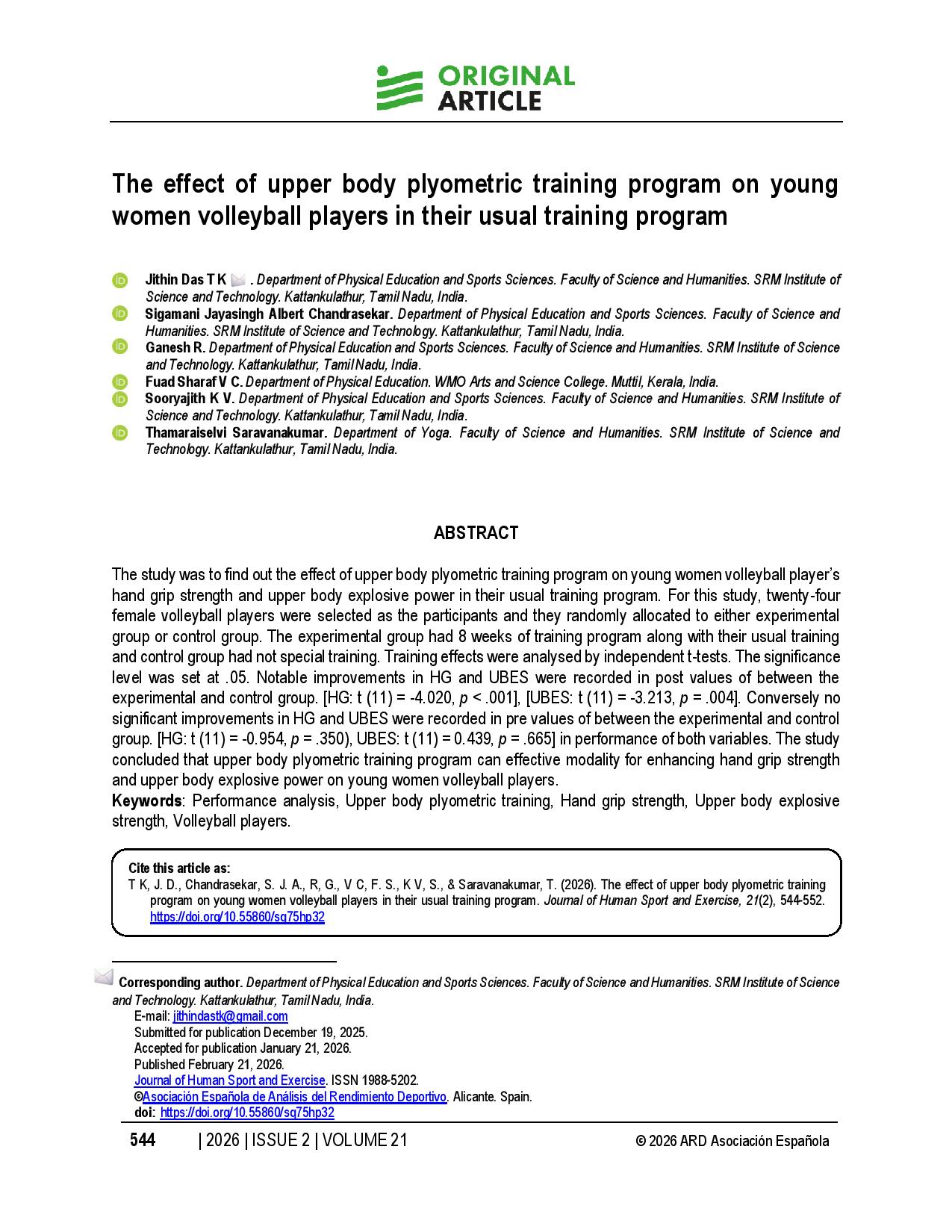 The effect of upper body plyometric training program on young women volleyball players in their usual training program