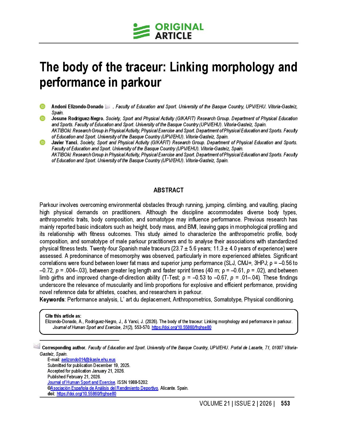 The body of the traceur: Linking morphology and performance in parkour