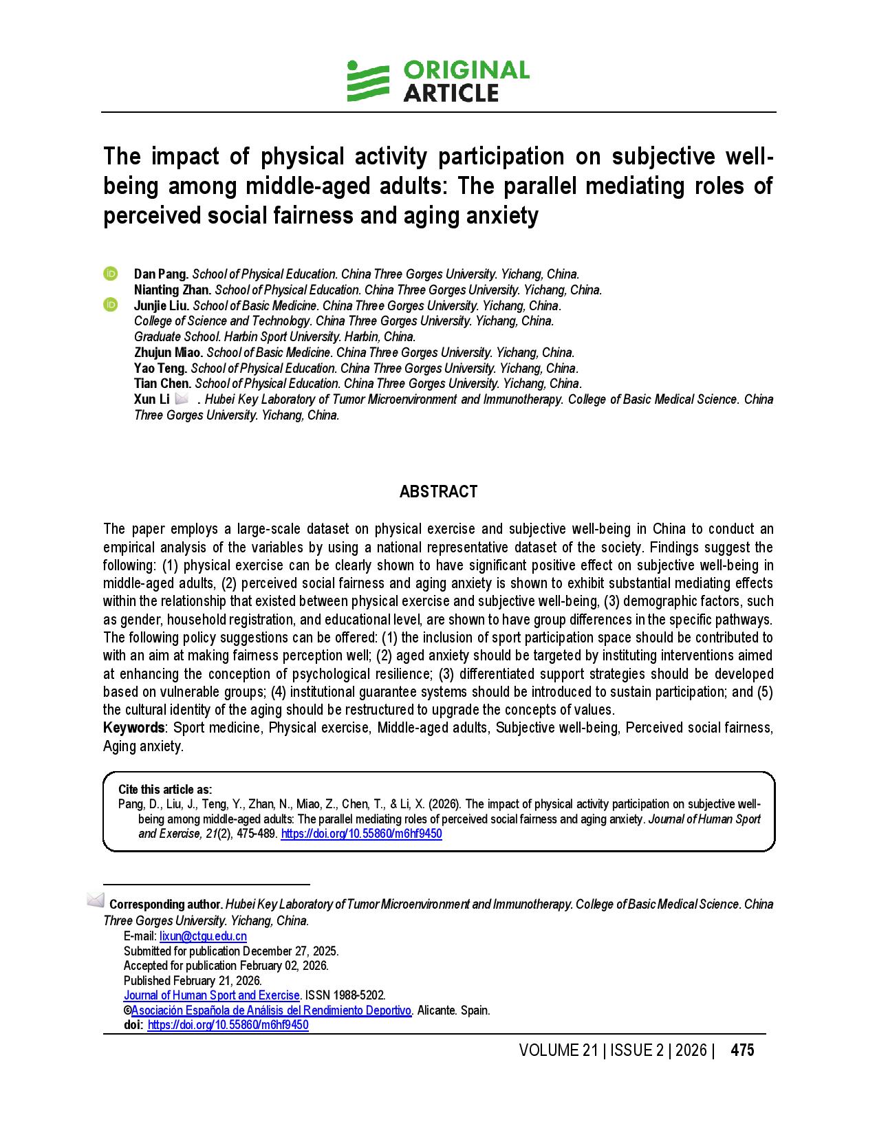 The impact of physical activity participation on subjective well-being among middle-aged adults: The parallel mediating roles of perceived social fairness and aging anxiety