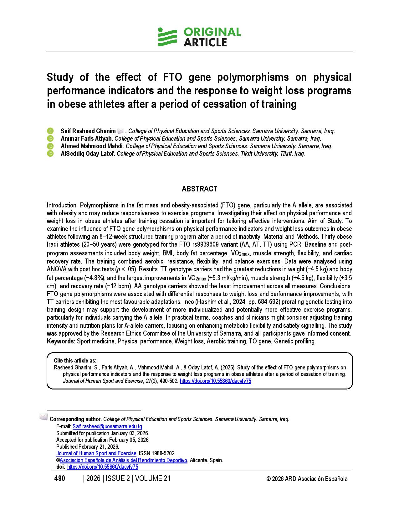 Study of the effect of FTO gene polymorphisms on physical performance indicators and the response to weight loss programs in obese athletes after a period of cessation of training