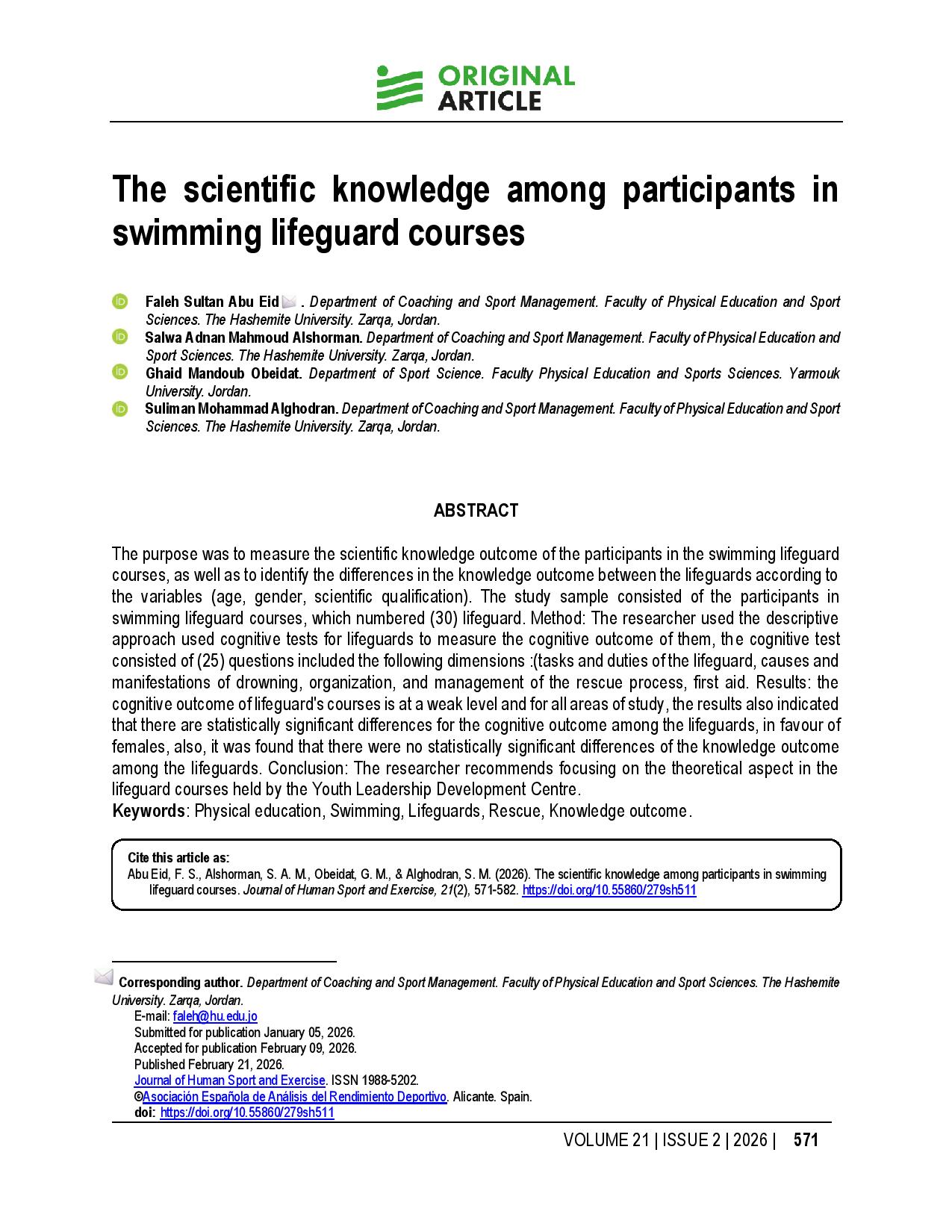 The scientific knowledge among participants in swimming lifeguard courses