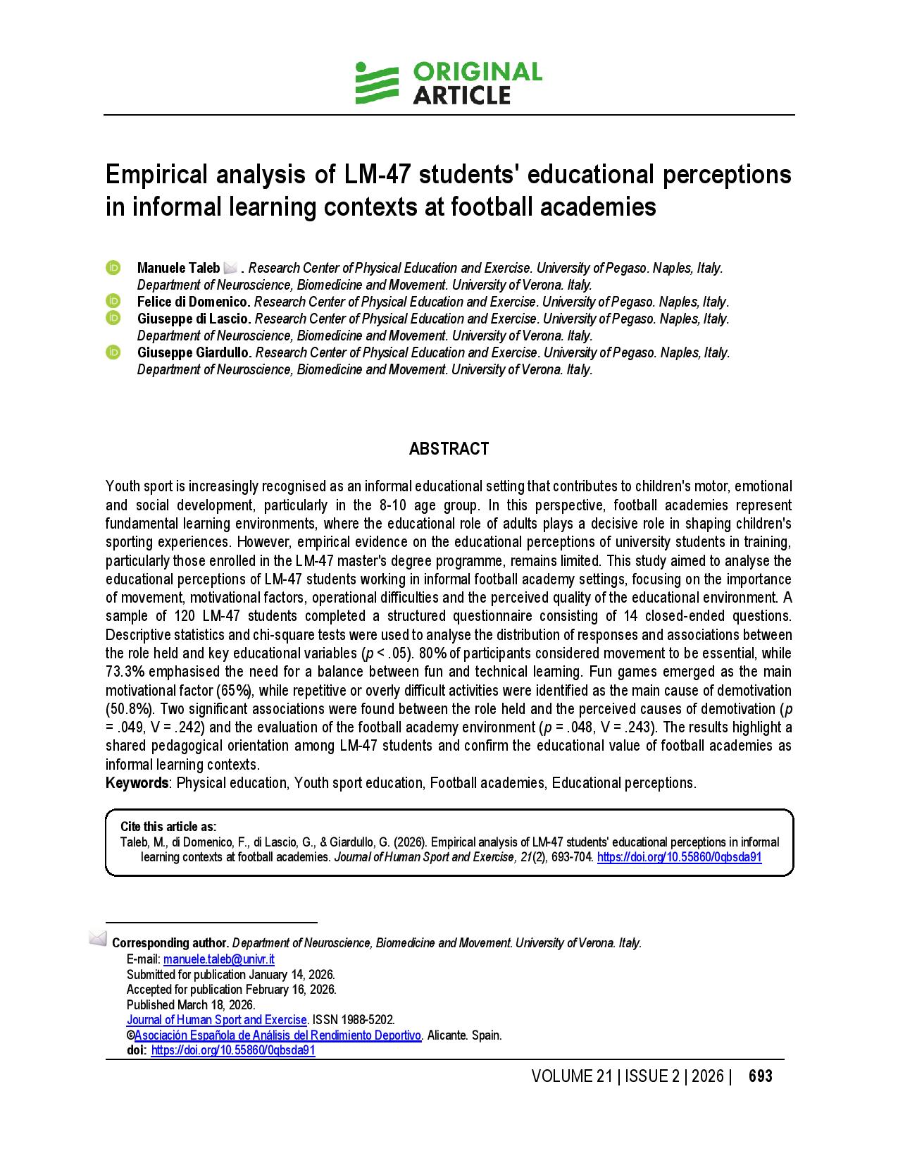 Empirical analysis of LM-47 students' educational perceptions in informal learning contexts at football academies