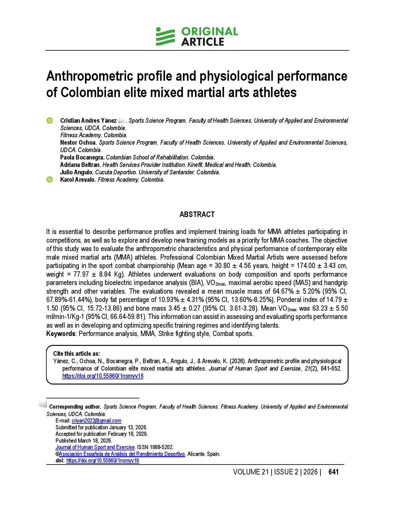 Anthropometric profile and physiological performance of Colombian elite mixed martial arts athletes