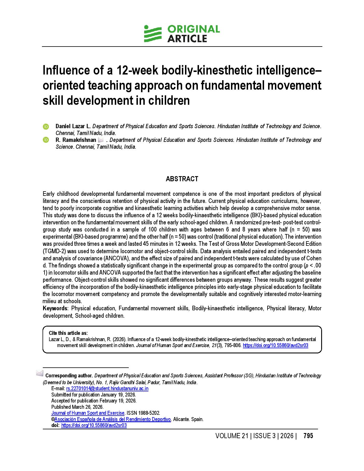 Influence of a 12-week bodily-kinesthetic intelligence–oriented teaching approach on fundamental movement skill development in children