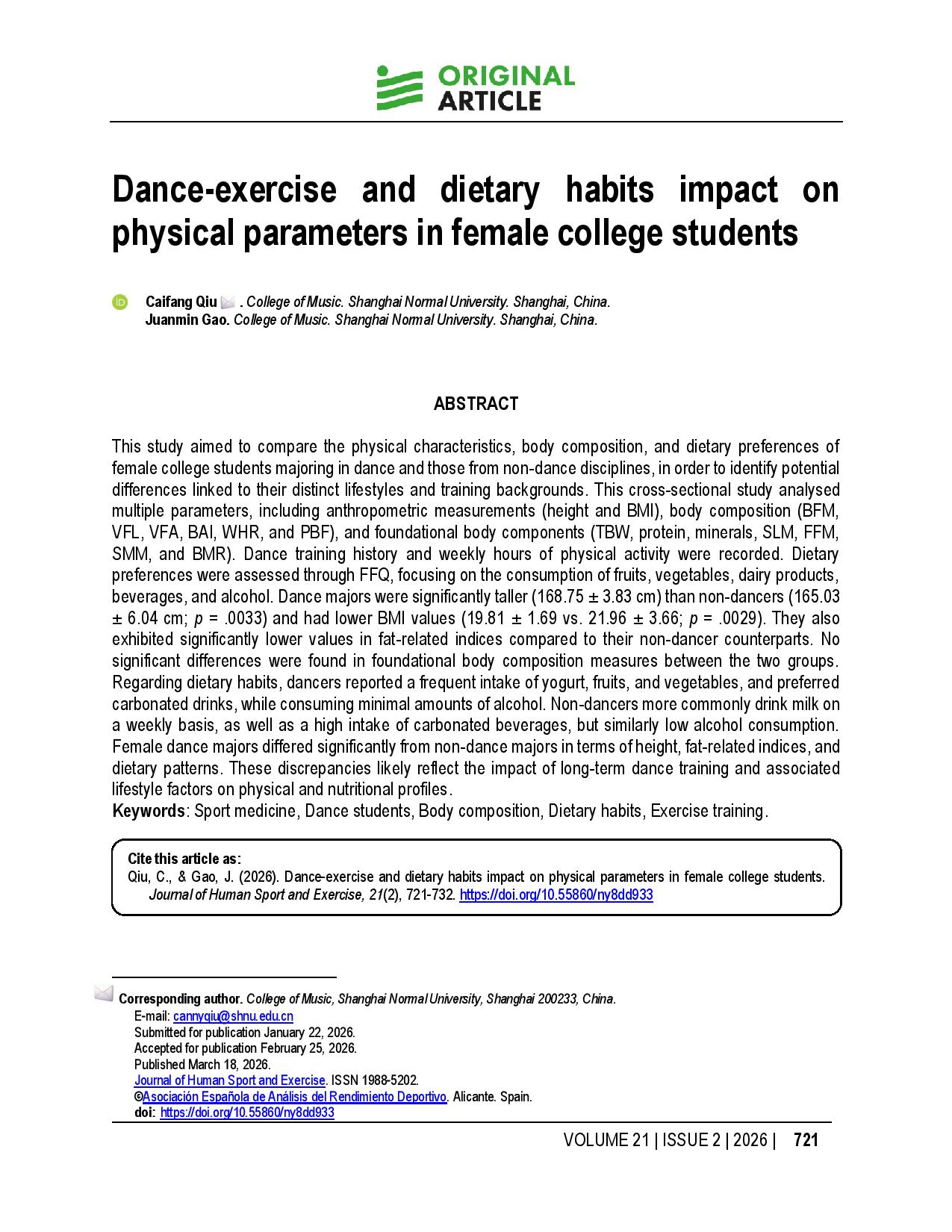 Dance-exercise and dietary habits impact on physical parameters in female college students