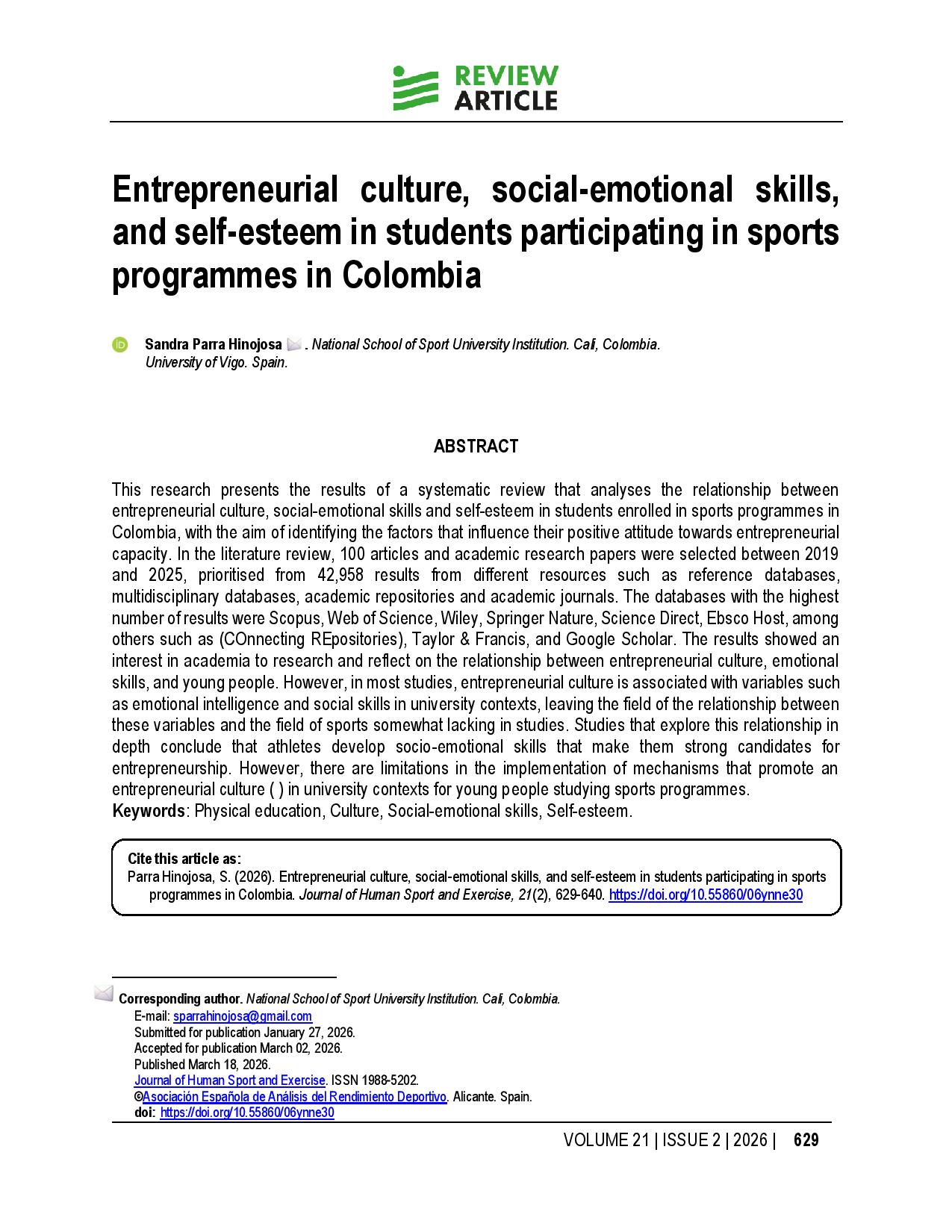 Entrepreneurial culture, social-emotional skills, and self-esteem in students participating in sports programmes in Colombia