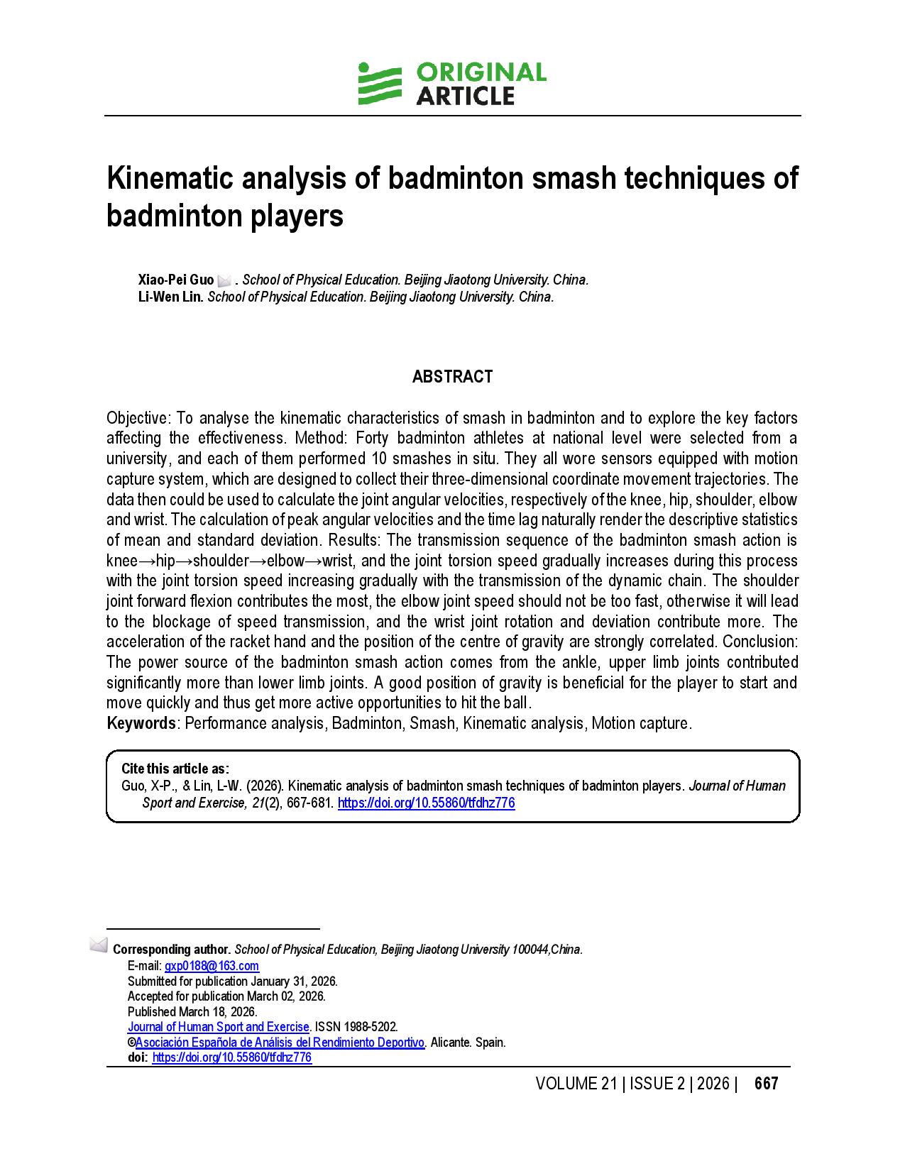 Kinematic analysis of badminton smash techniques of badminton players
