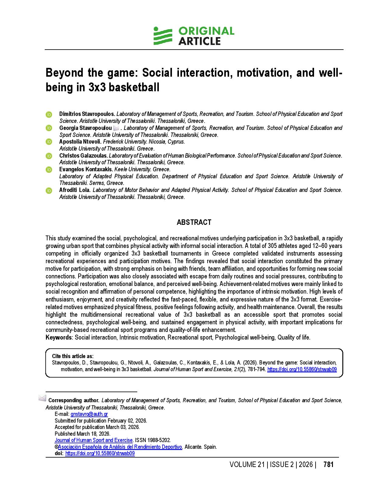 Beyond the game: Social interaction, motivation, and well-being in 3x3 basketball