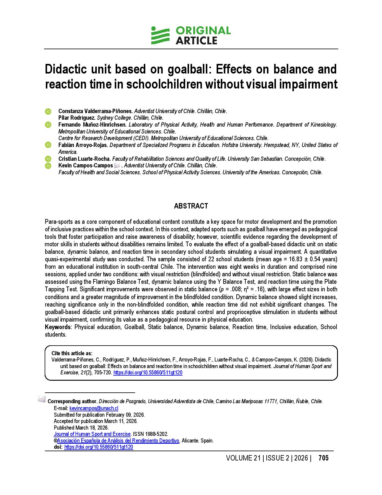 Didactic unit based on goalball: Effects on balance and reaction time in schoolchildren without visual impairment