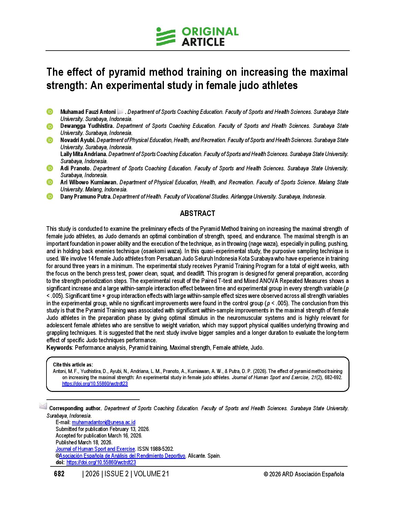 The effect of pyramid method training on increasing the maximal strength: An experimental study in female judo athletes