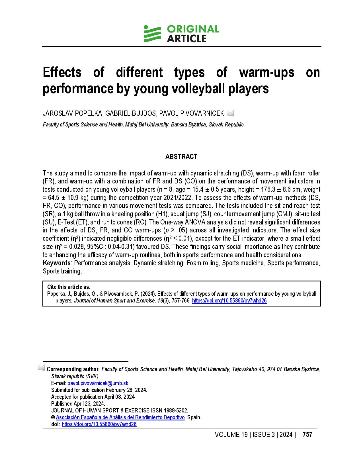 Effects of different types of warm-ups on performance by young volleyball players