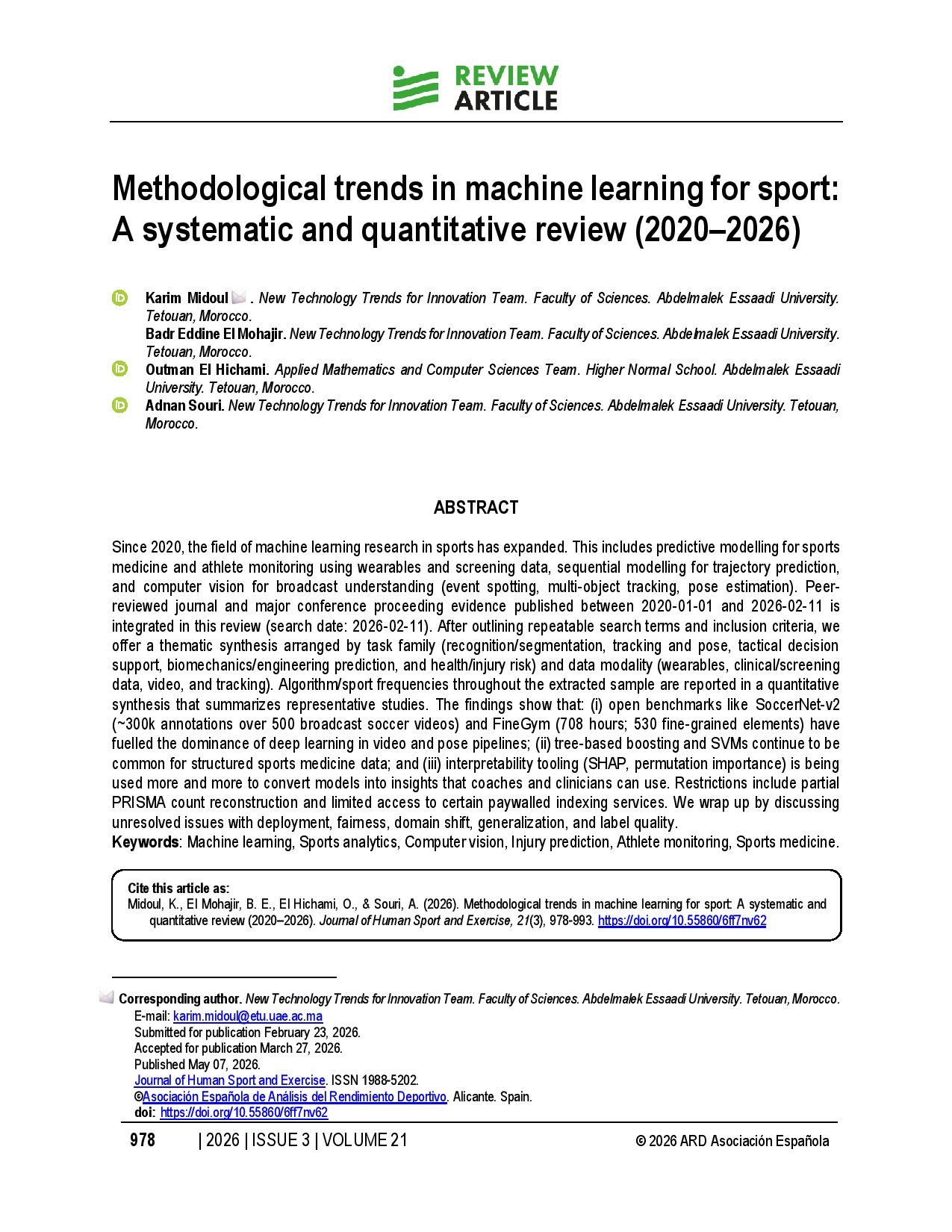 Methodological trends in machine learning for sport: A systematic and quantitative review (2020–2026)