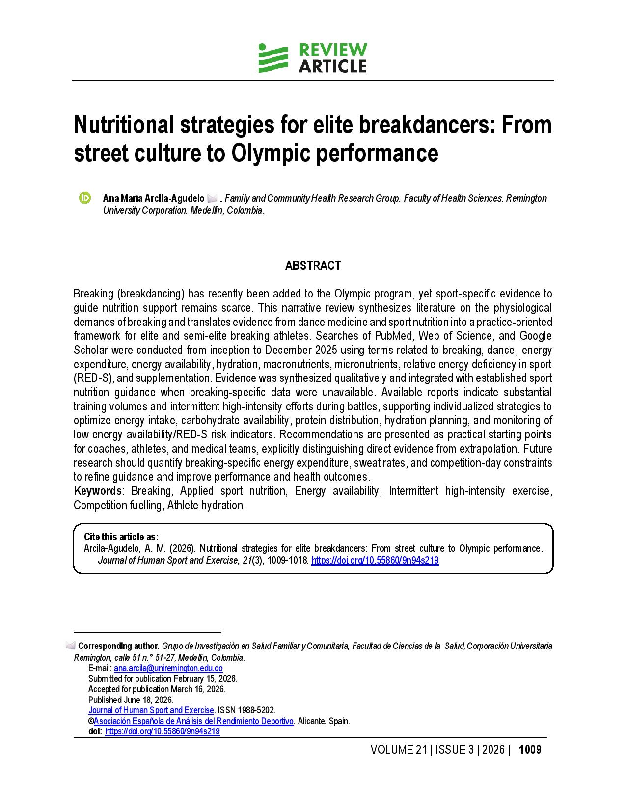 Nutritional strategies for elite breakdancers: From street culture to Olympic performance