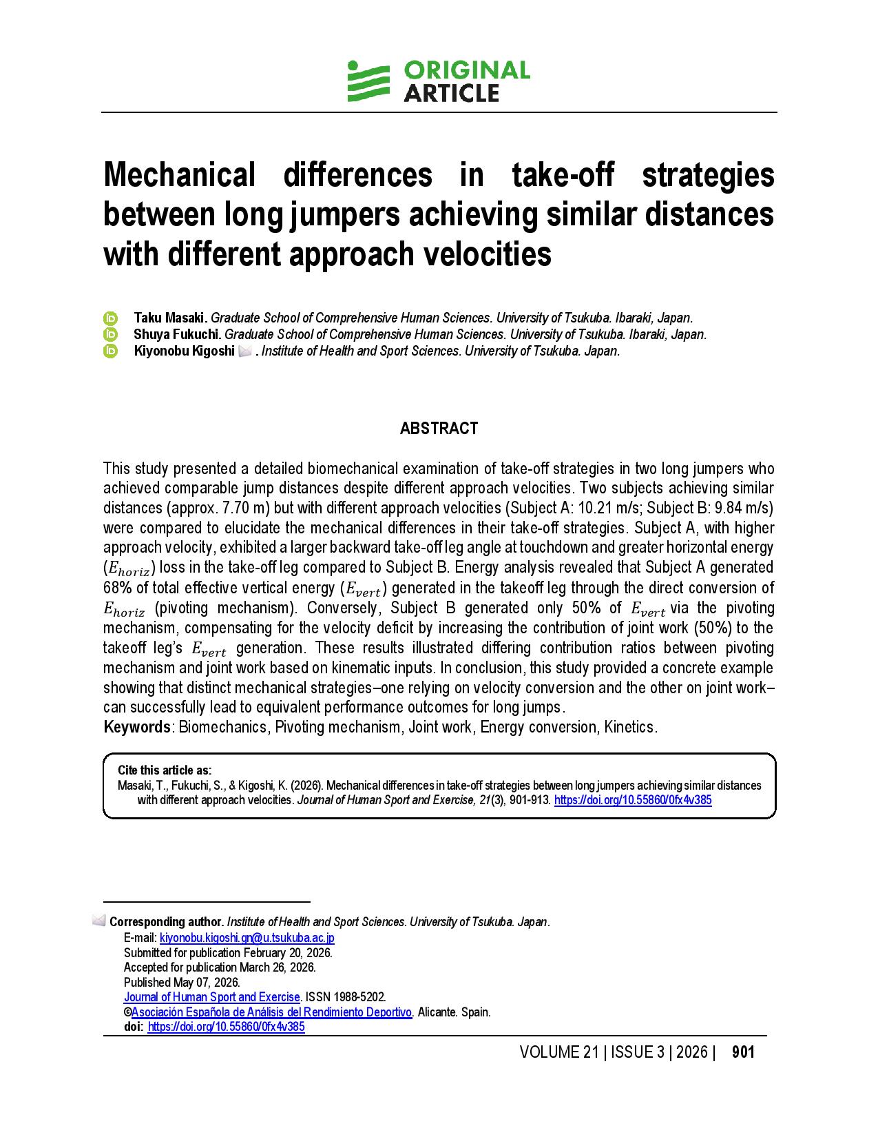 Mechanical differences in take-off strategies between long jumpers achieving similar distances with different approach velocities