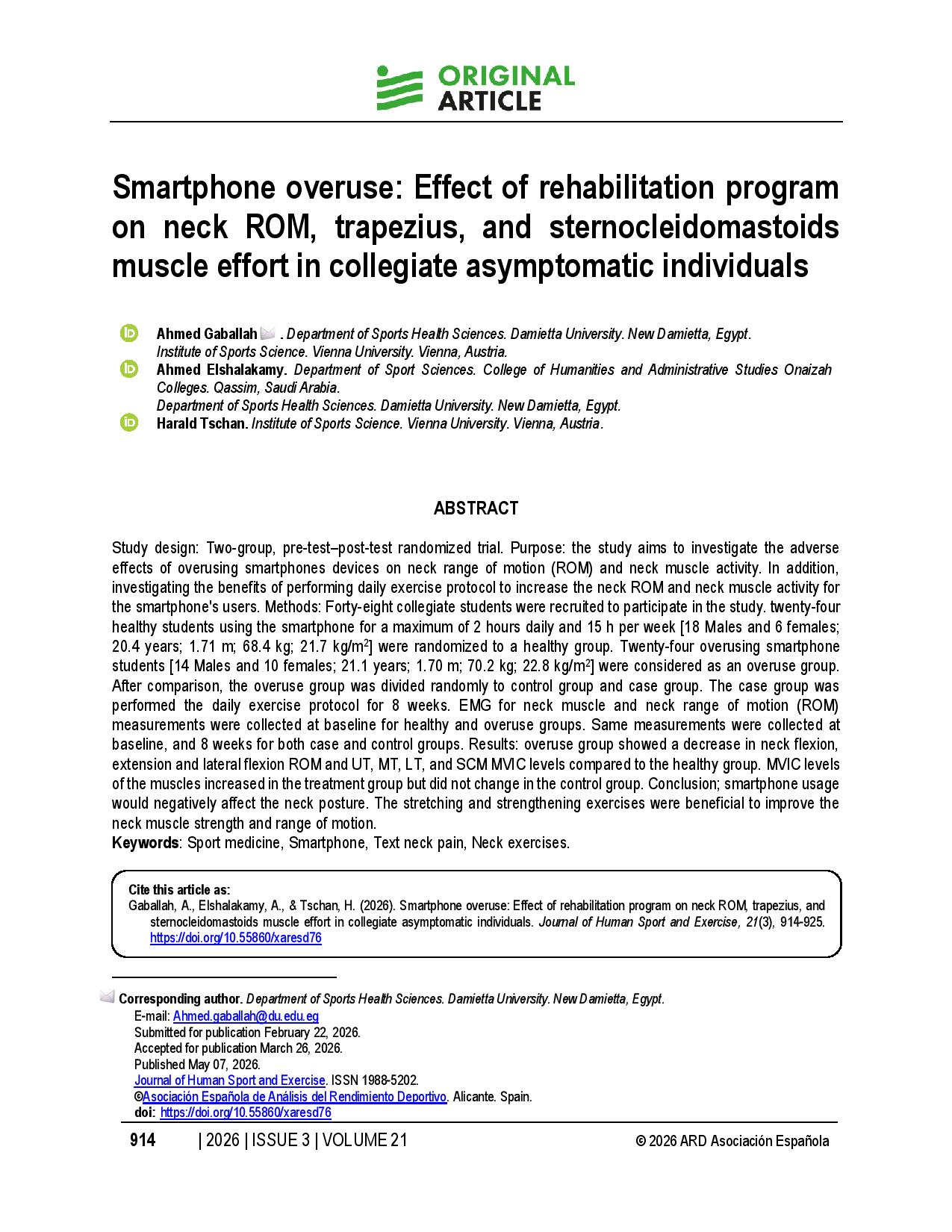 Smartphone overuse: Effect of rehabilitation program on neck ROM, trapezius, and sternocleidomastoids muscle effort in collegiate asymptomatic individuals