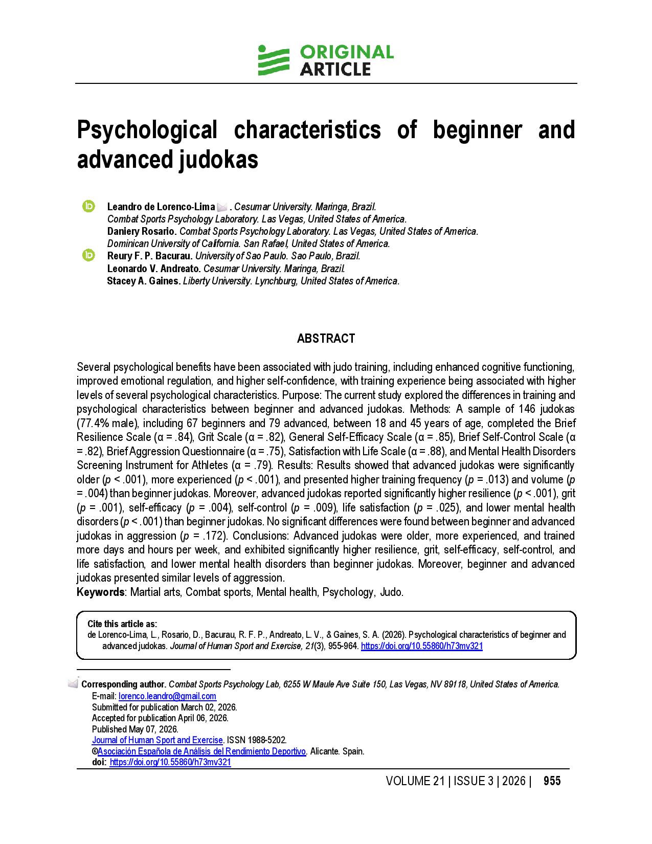 Psychological characteristics of beginner and advanced judokas