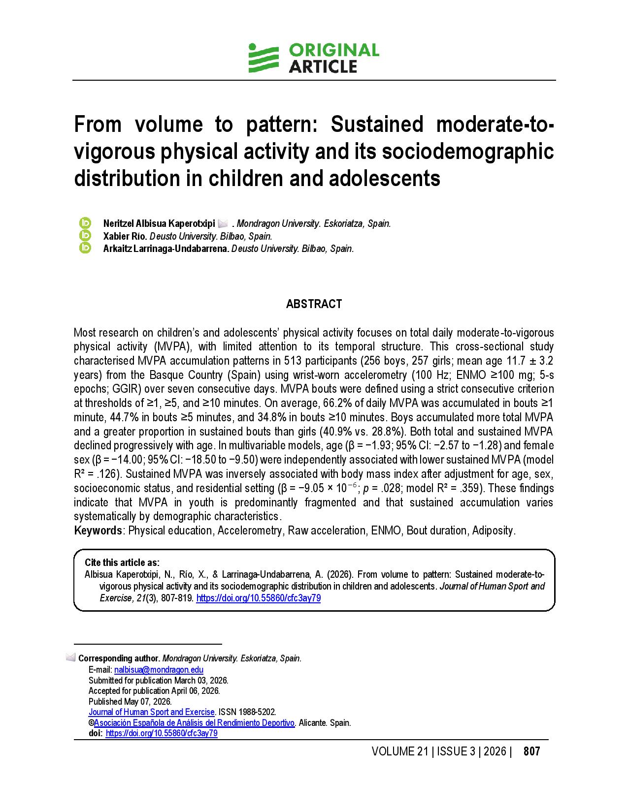 From volume to pattern: Sustained moderate-to-vigorous physical activity and its sociodemographic distribution in children and adolescents