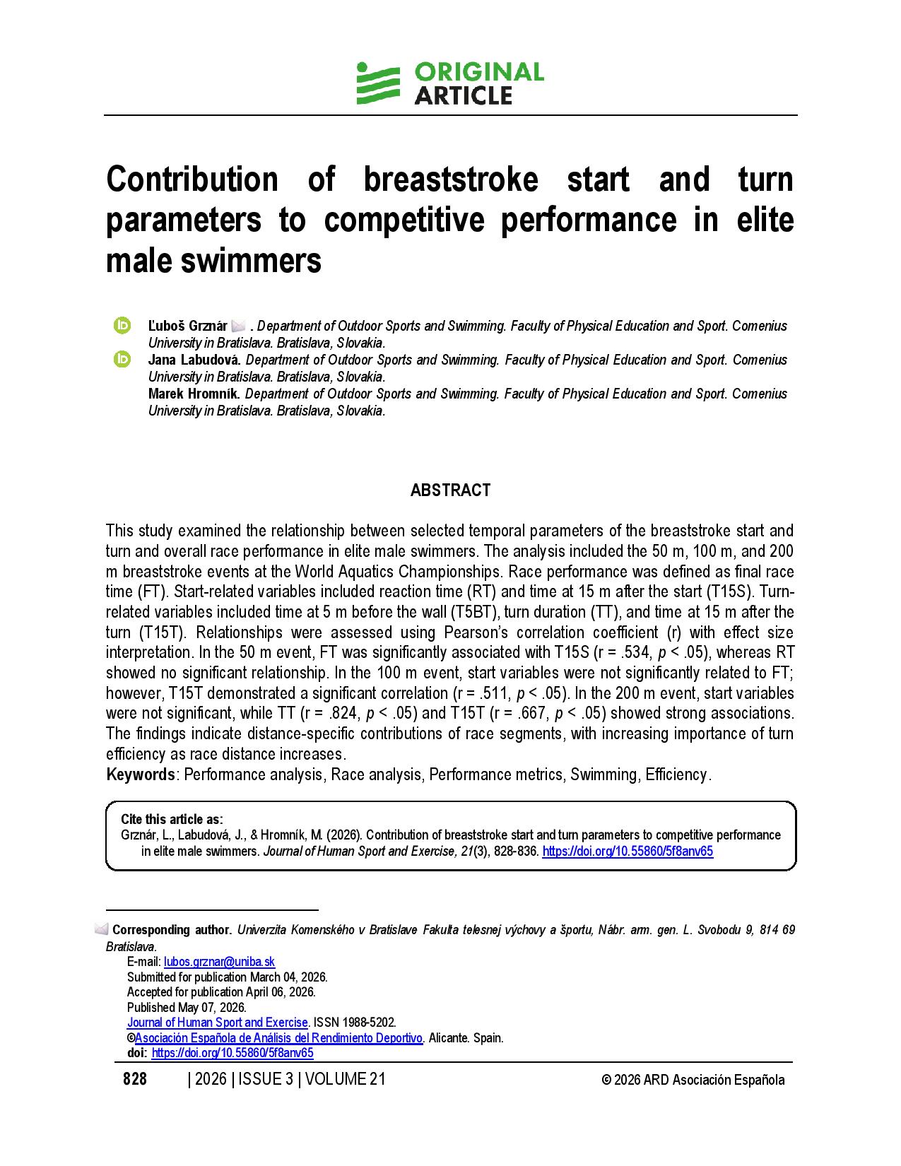 Contribution of breaststroke start and turn parameters to competitive performance in elite male swimmers