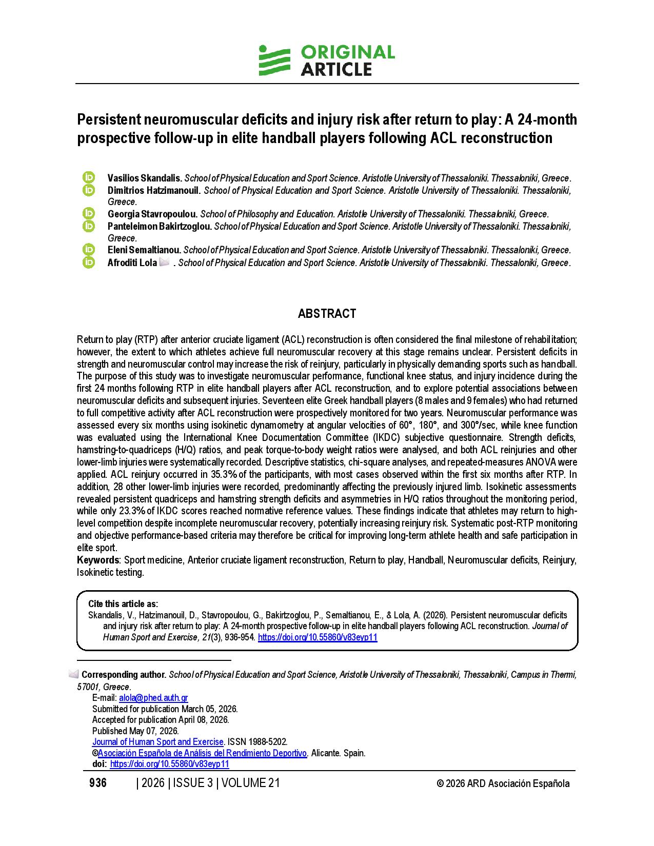 Persistent neuromuscular deficits and injury risk after return to play: A 24-month prospective follow-up in elite handball players following ACL reconstruction