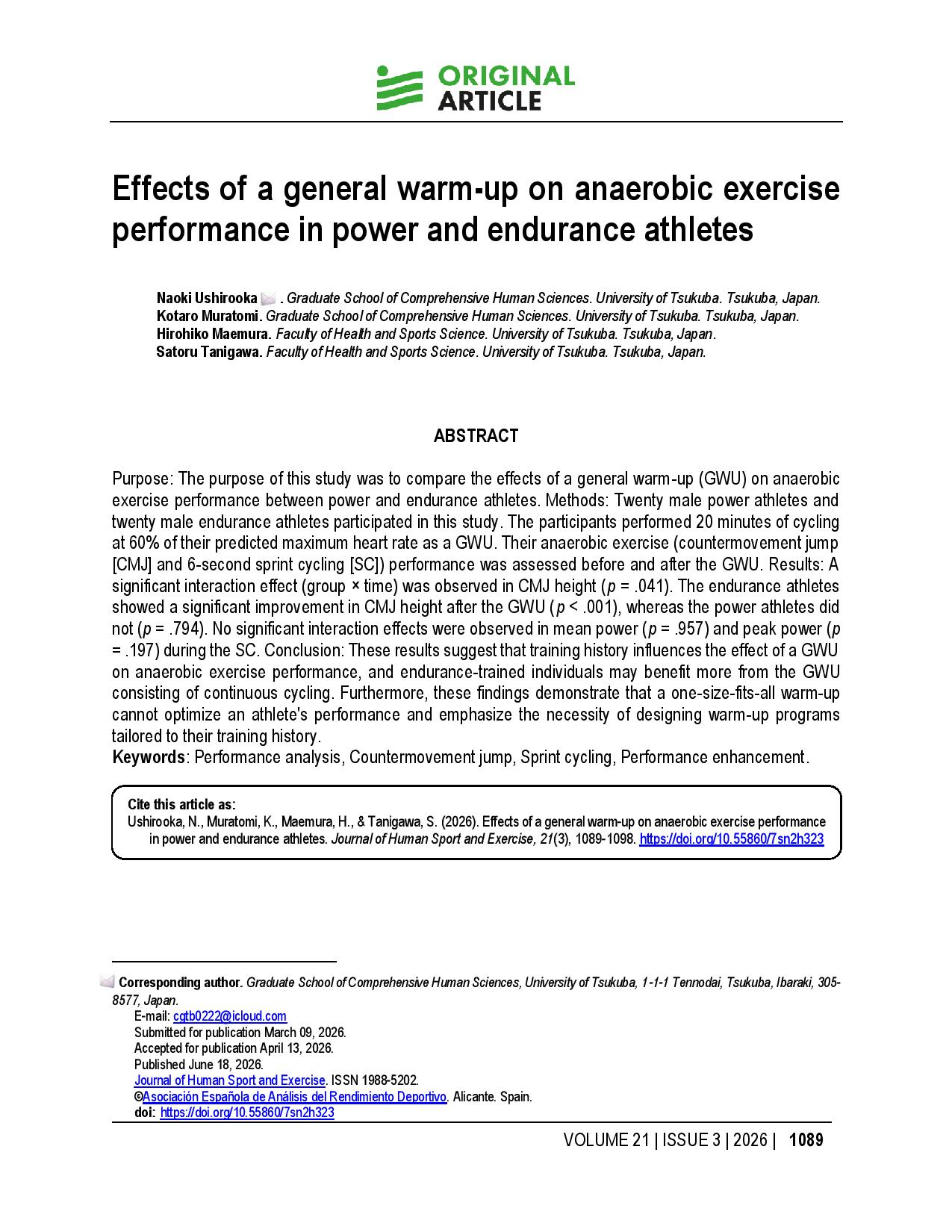 Effects of a general warm-up on anaerobic exercise performance in power and endurance athletes