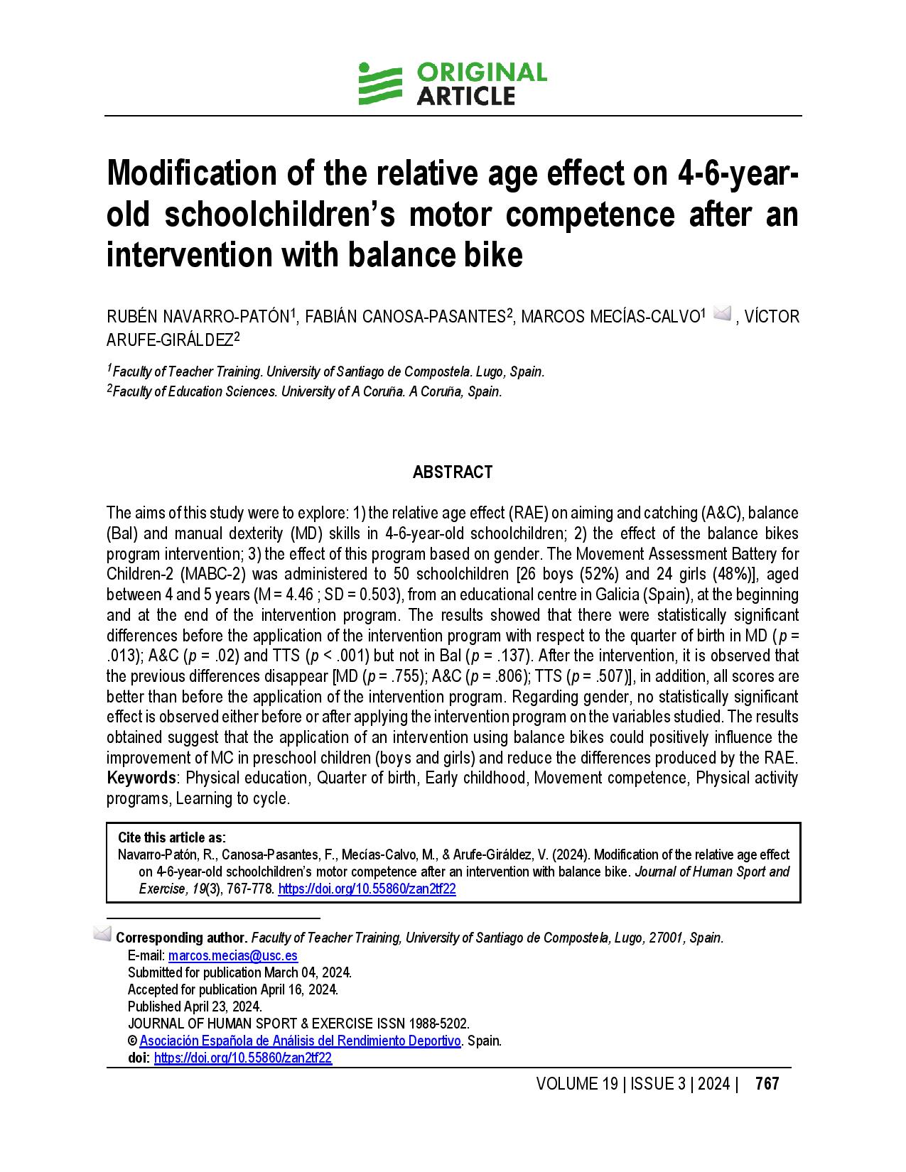 Modification of the relative age effect on 4-6-year-old schoolchildren’s motor competence after an intervention with balance bike