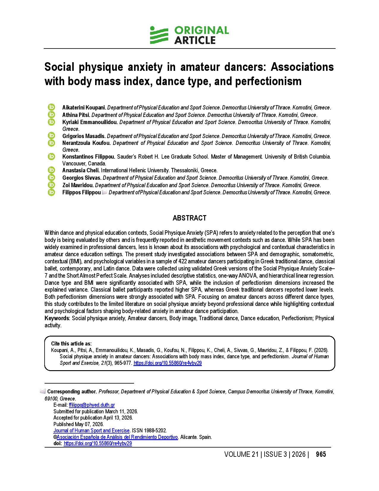 Social physique anxiety in amateur dancers: Associations with body mass index, dance type, and perfectionism