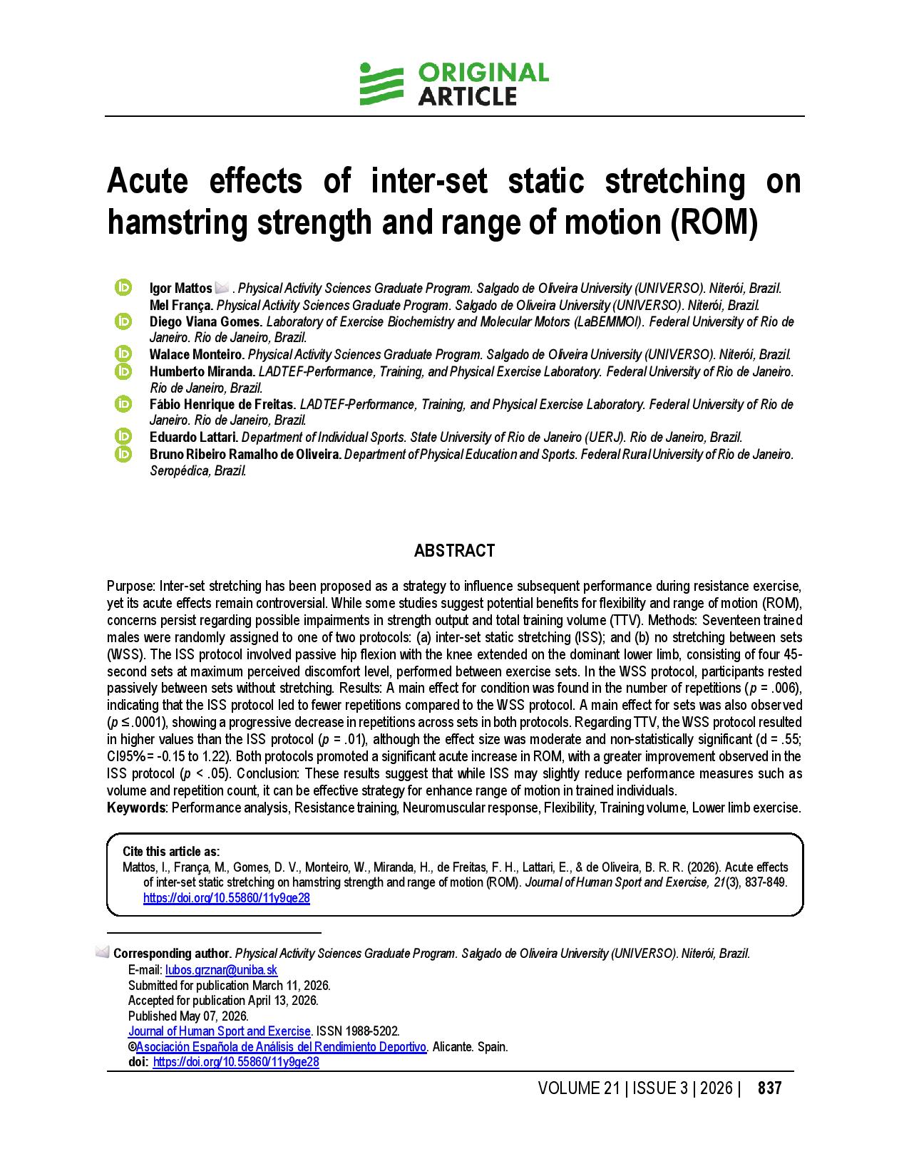 Acute effects of inter-set static stretching on hamstring strength and range of motion (ROM)