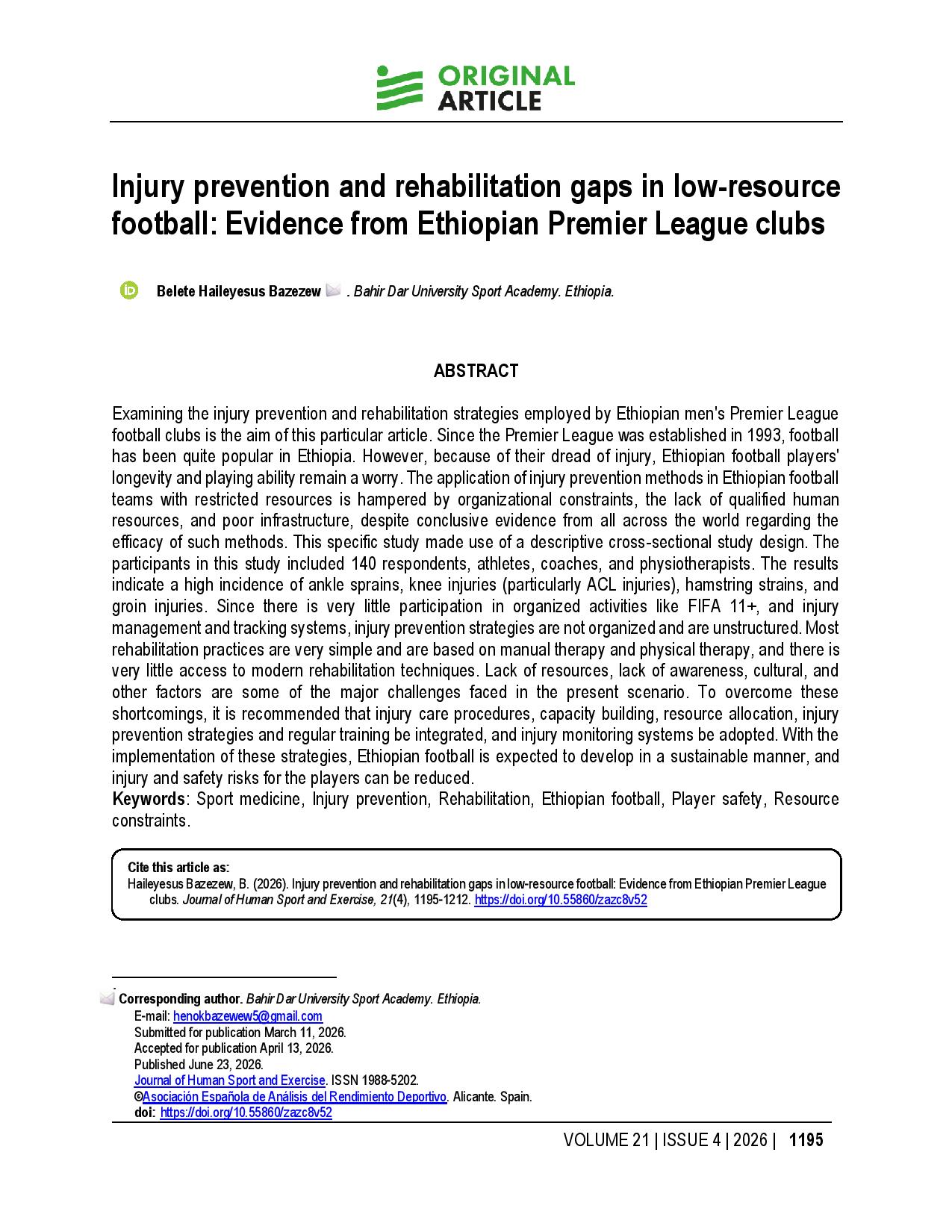 Injury prevention and rehabilitation gaps in low-resource football: Evidence from Ethiopian Premier League clubs