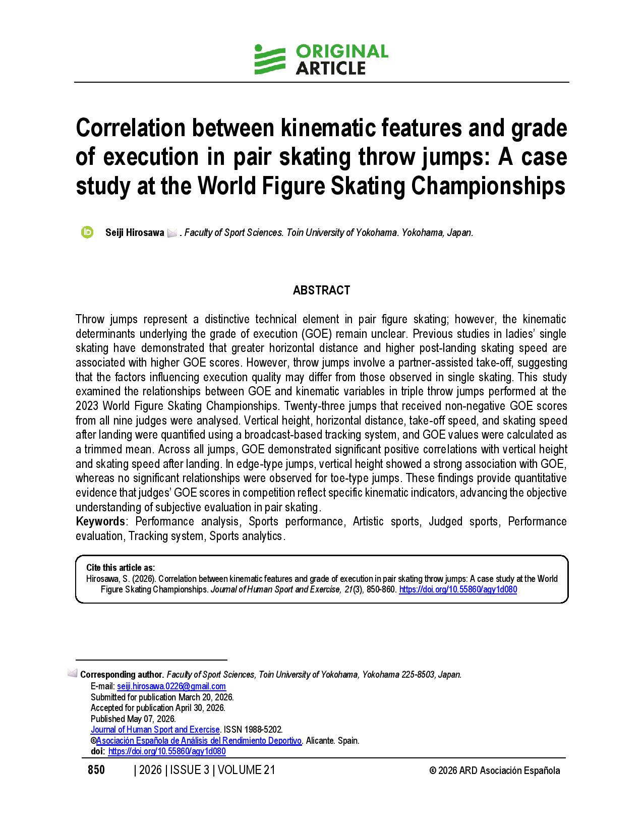 Correlation between kinematic features and grade of execution in pair skating throw jumps: A case study at the World Figure Skating Championships