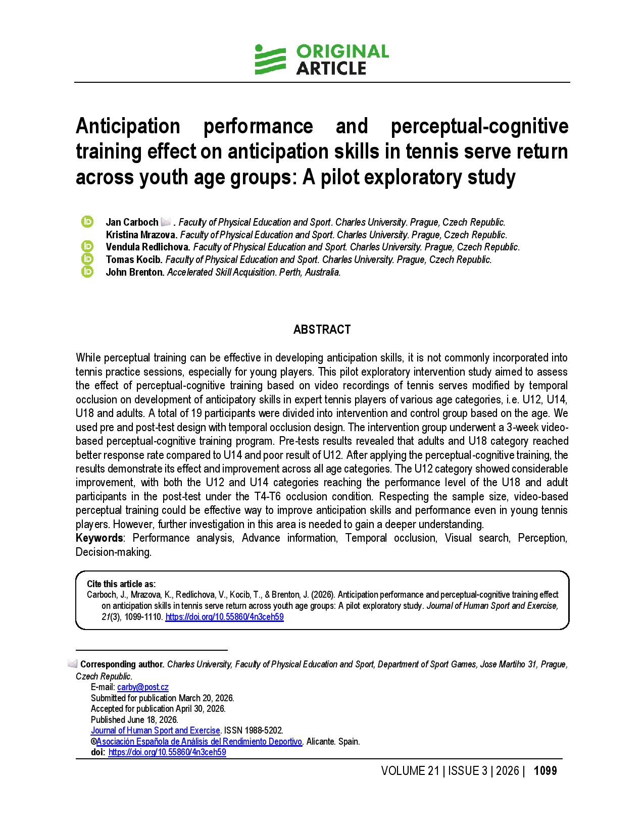 Anticipation performance and perceptual-cognitive training effect on anticipation skills in tennis serve return across youth age groups: A pilot exploratory study