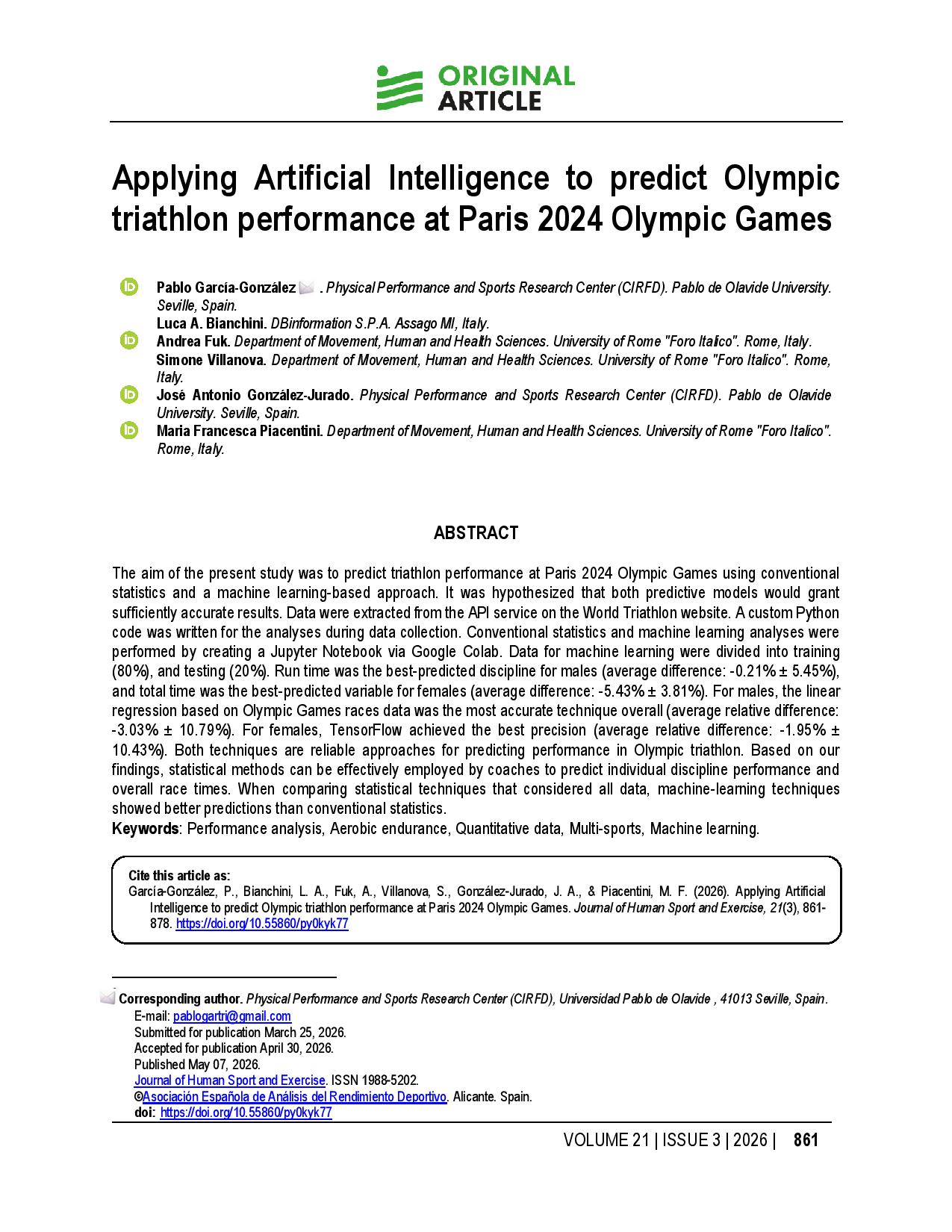 Applying Artificial Intelligence to predict Olympic triathlon performance at Paris 2024 Olympic Games