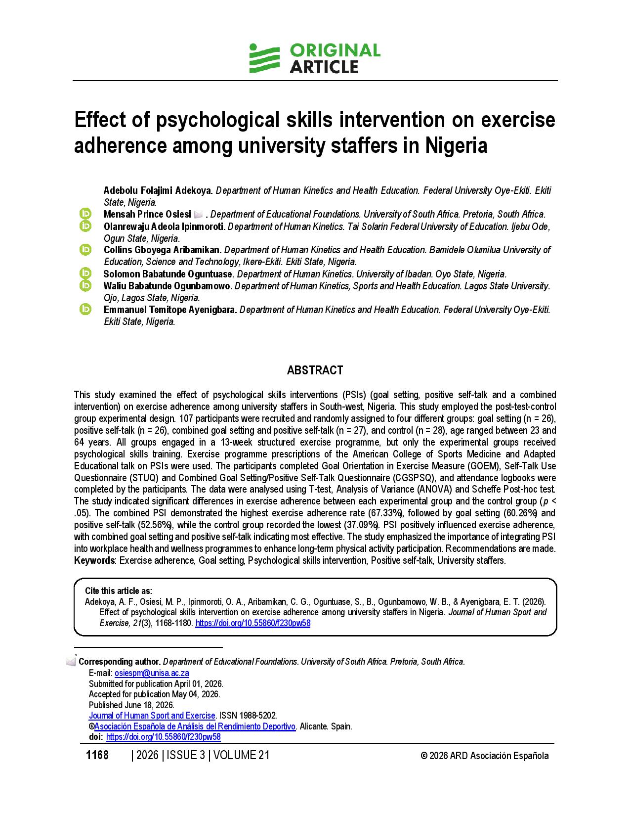 Effect of psychological skills intervention on exercise adherence among university staffers in Nigeria