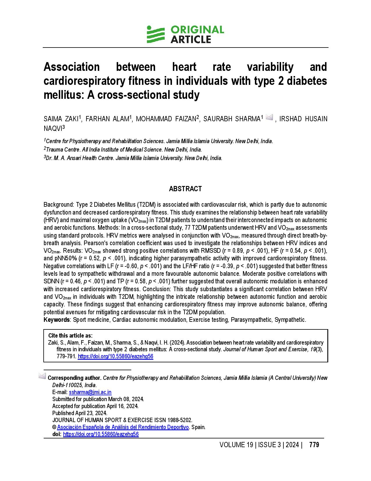 Association between heart rate variability and cardiorespiratory fitness in individuals with type 2 diabetes mellitus: A cross-sectional study