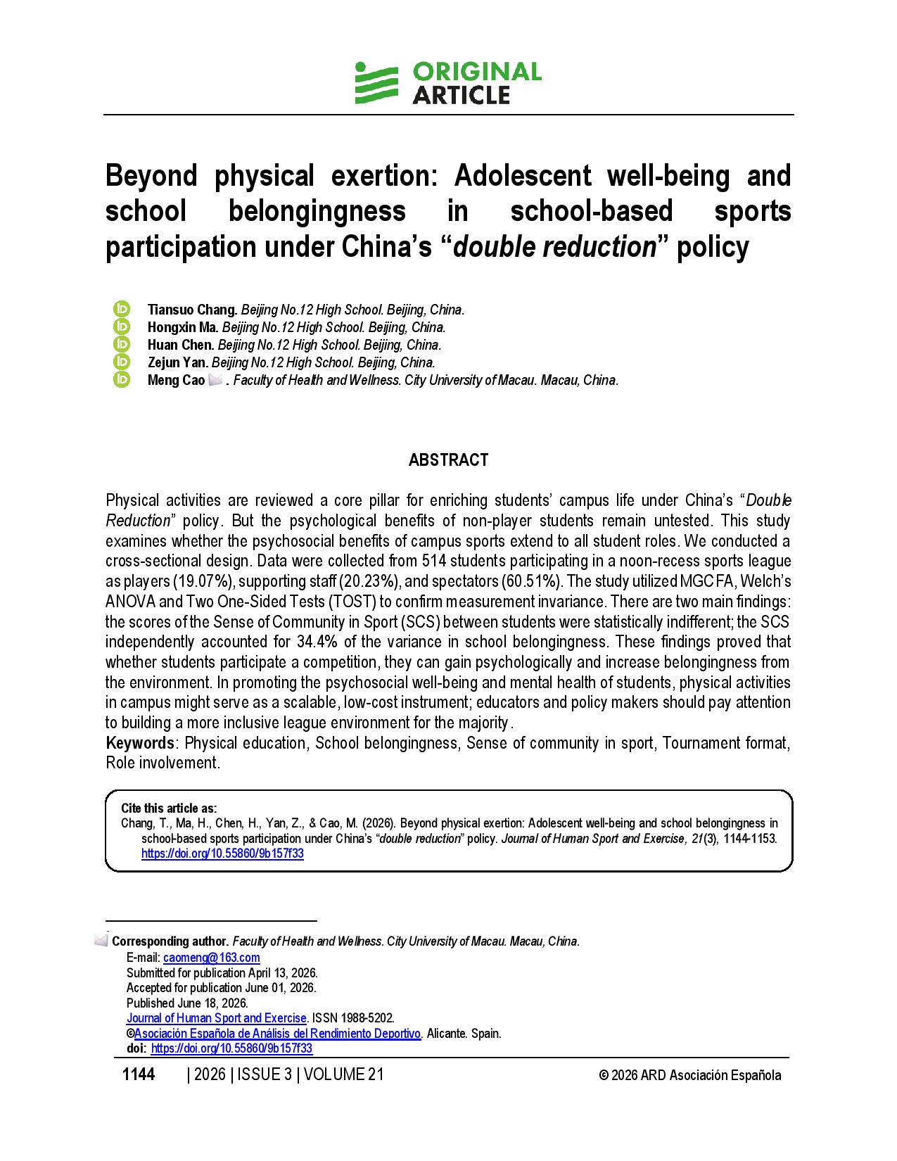 Beyond physical exertion: Adolescent well-being and school belongingness in school-based sports participation under China’s “double reduction” policy