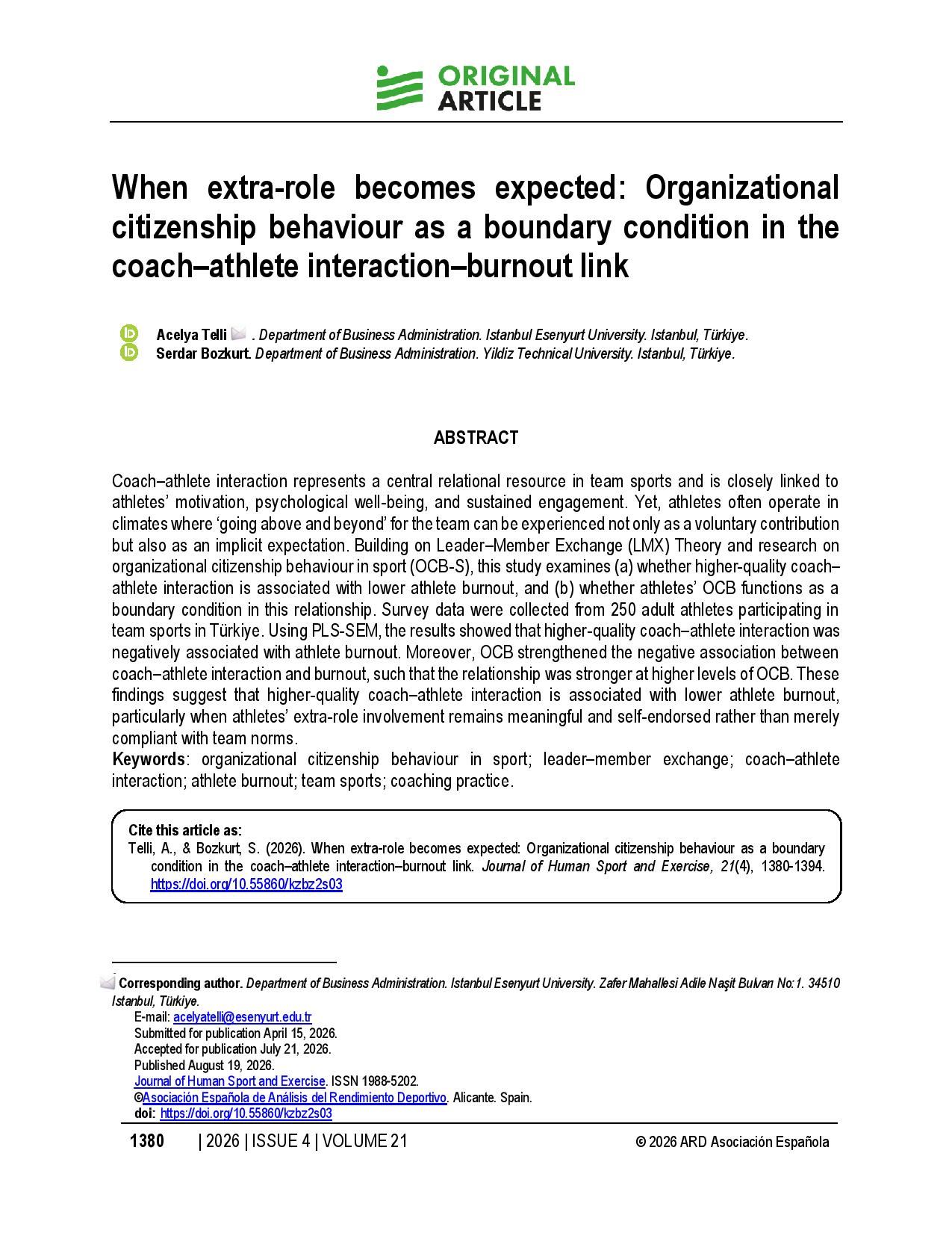 When extra-role becomes expected: Organizational citizenship behaviour as a boundary condition in the coach–athlete interaction–burnout link