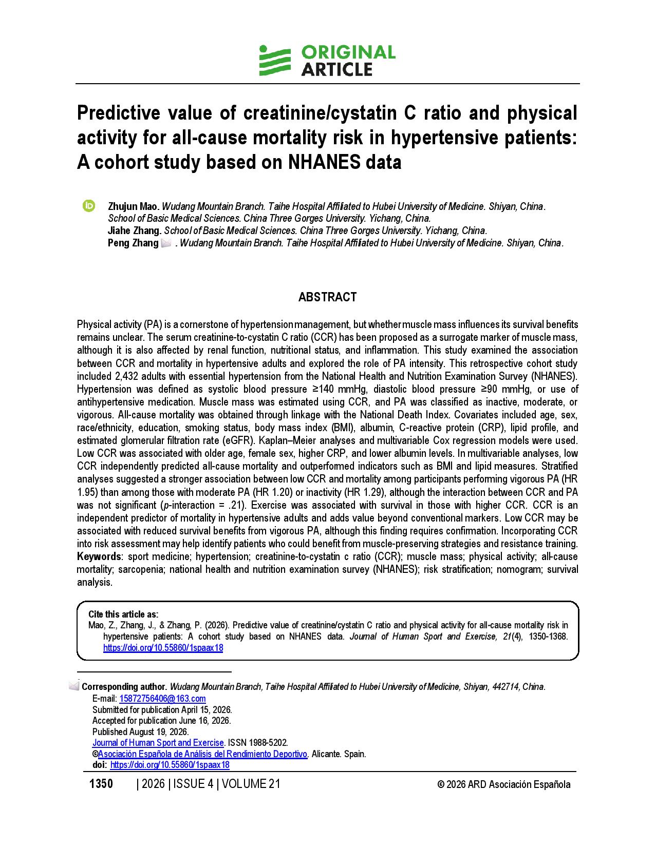 Predictive value of creatinine/cystatin C ratio and physical activity for all-cause mortality risk in hypertensive patients: A cohort study based on NHANES data