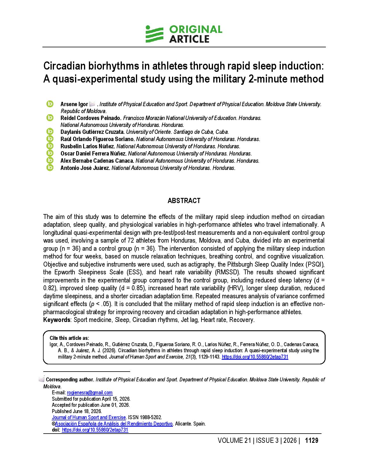Circadian biorhythms in athletes through rapid sleep induction: A quasi-experimental study using the military 2-minute method