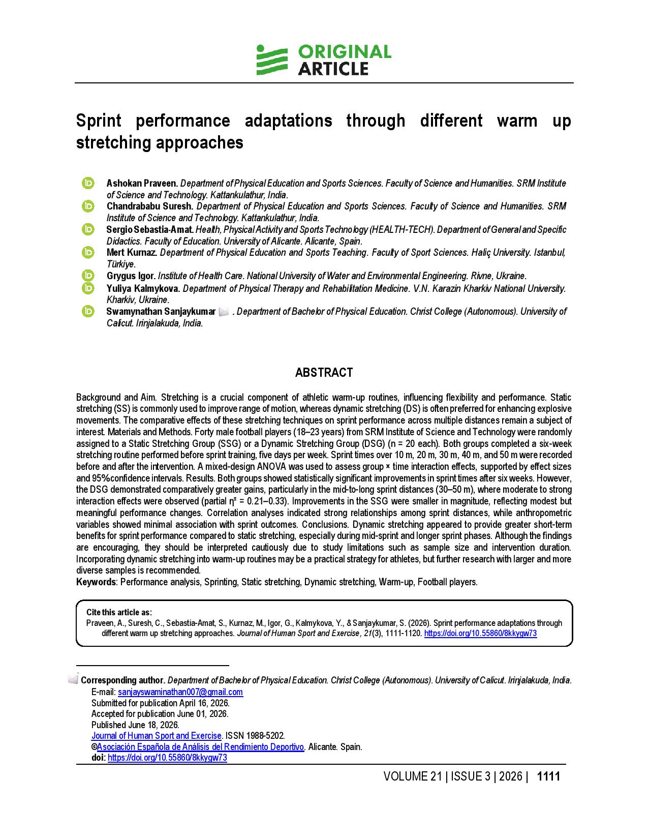 Sprint performance adaptations through different warm up stretching approaches