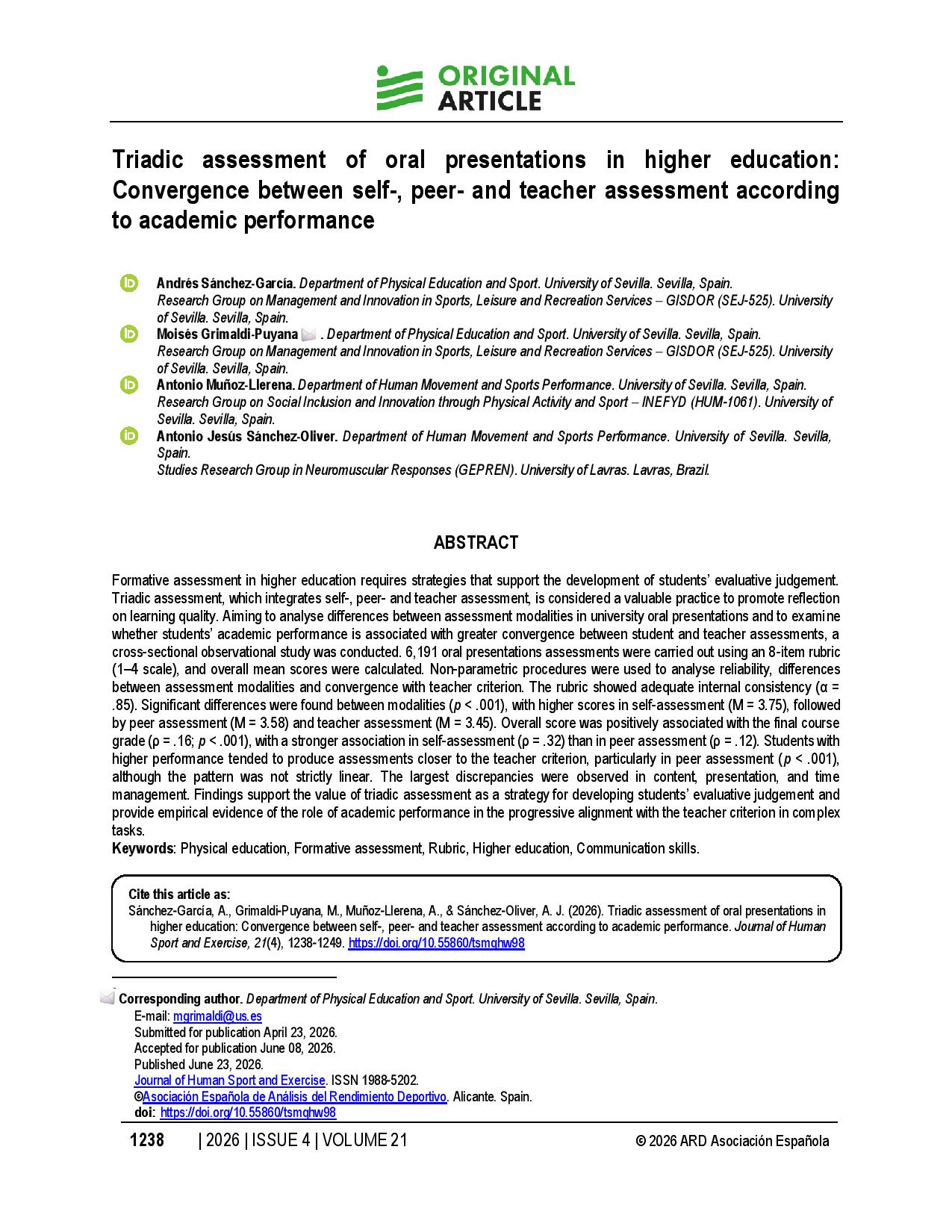 Triadic assessment of oral presentations in higher education: Convergence between self-, peer- and teacher assessment according to academic performance