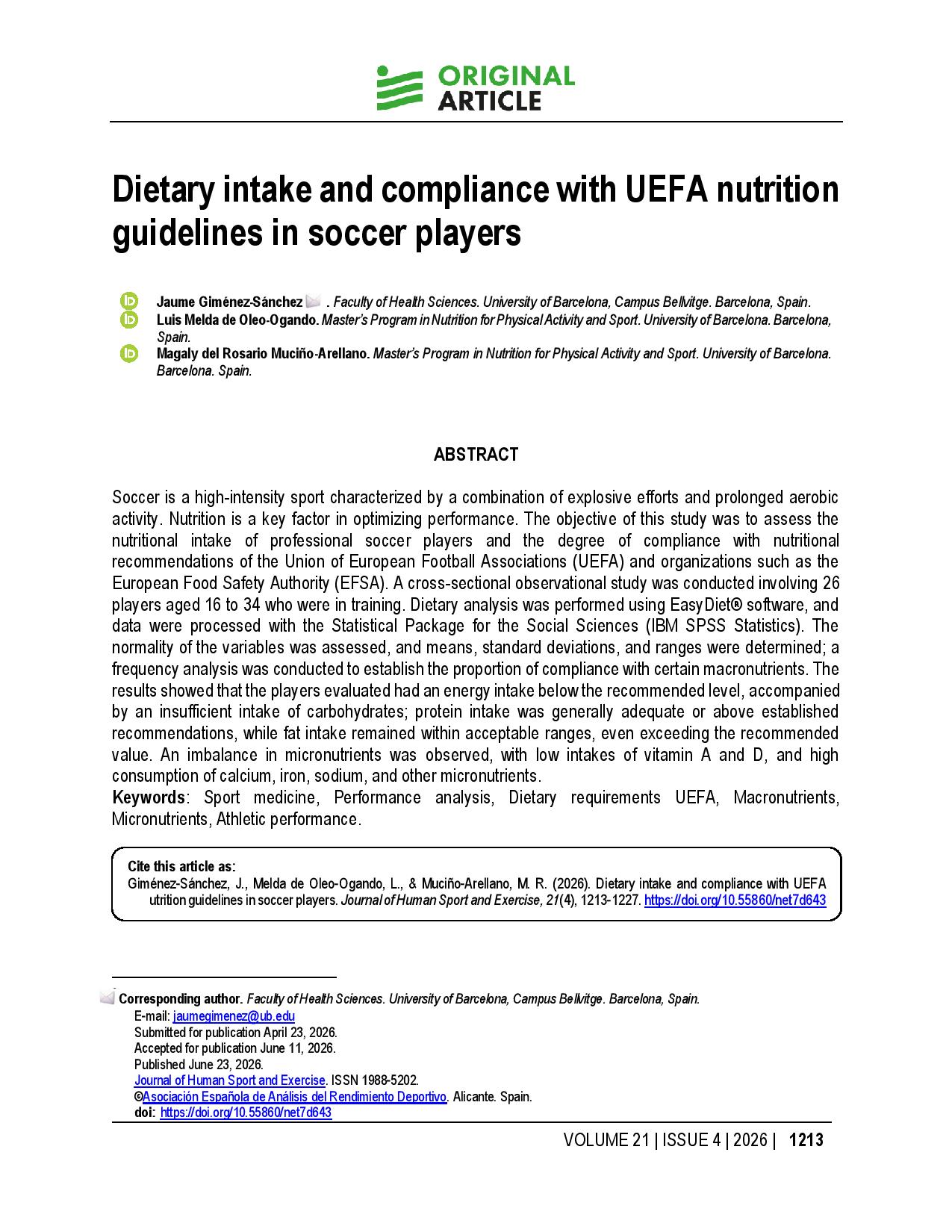 Dietary intake and compliance with UEFA nutrition guidelines in soccer players