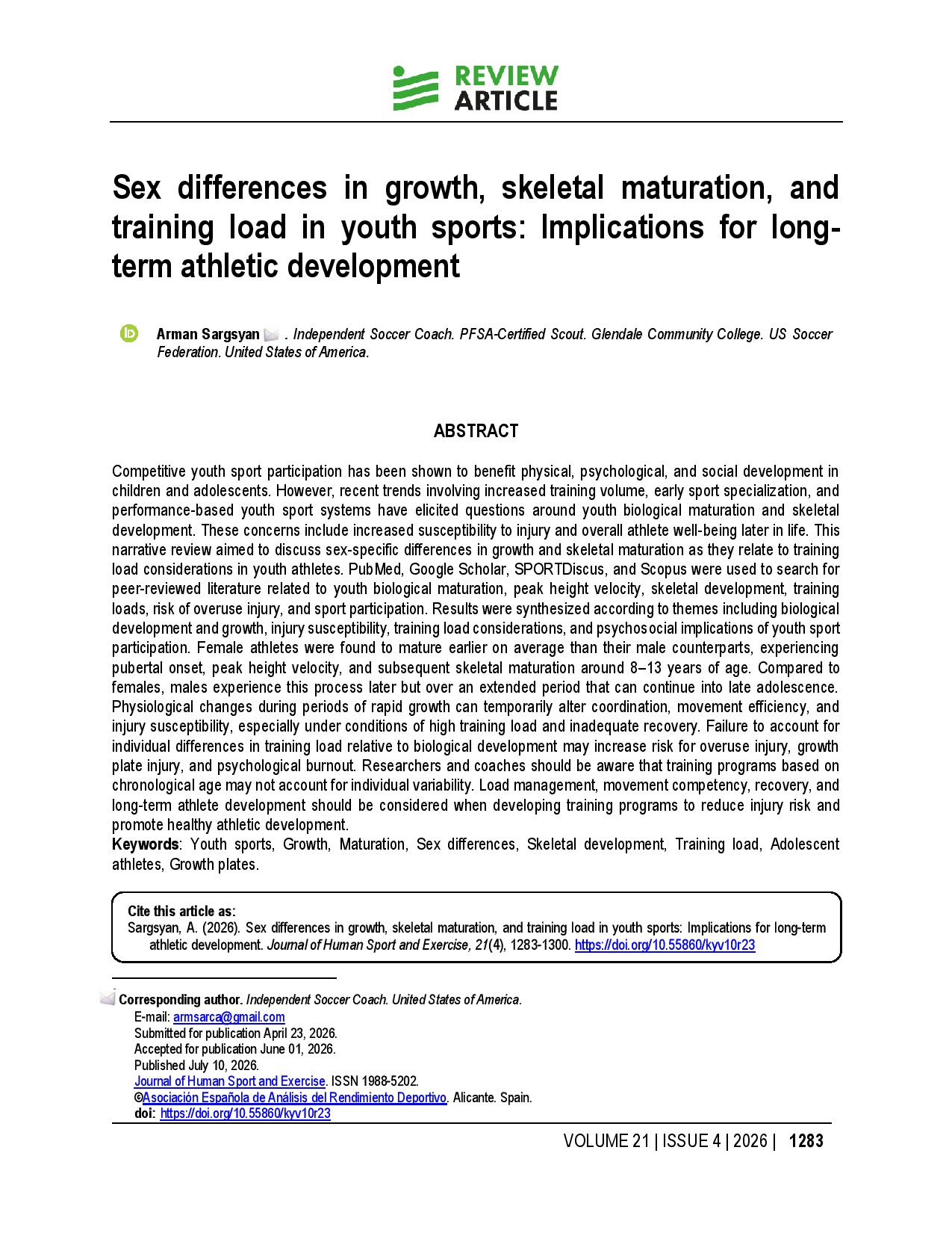 Sex differences in growth, skeletal maturation, and training load in youth sports: Implications for long-term athletic development