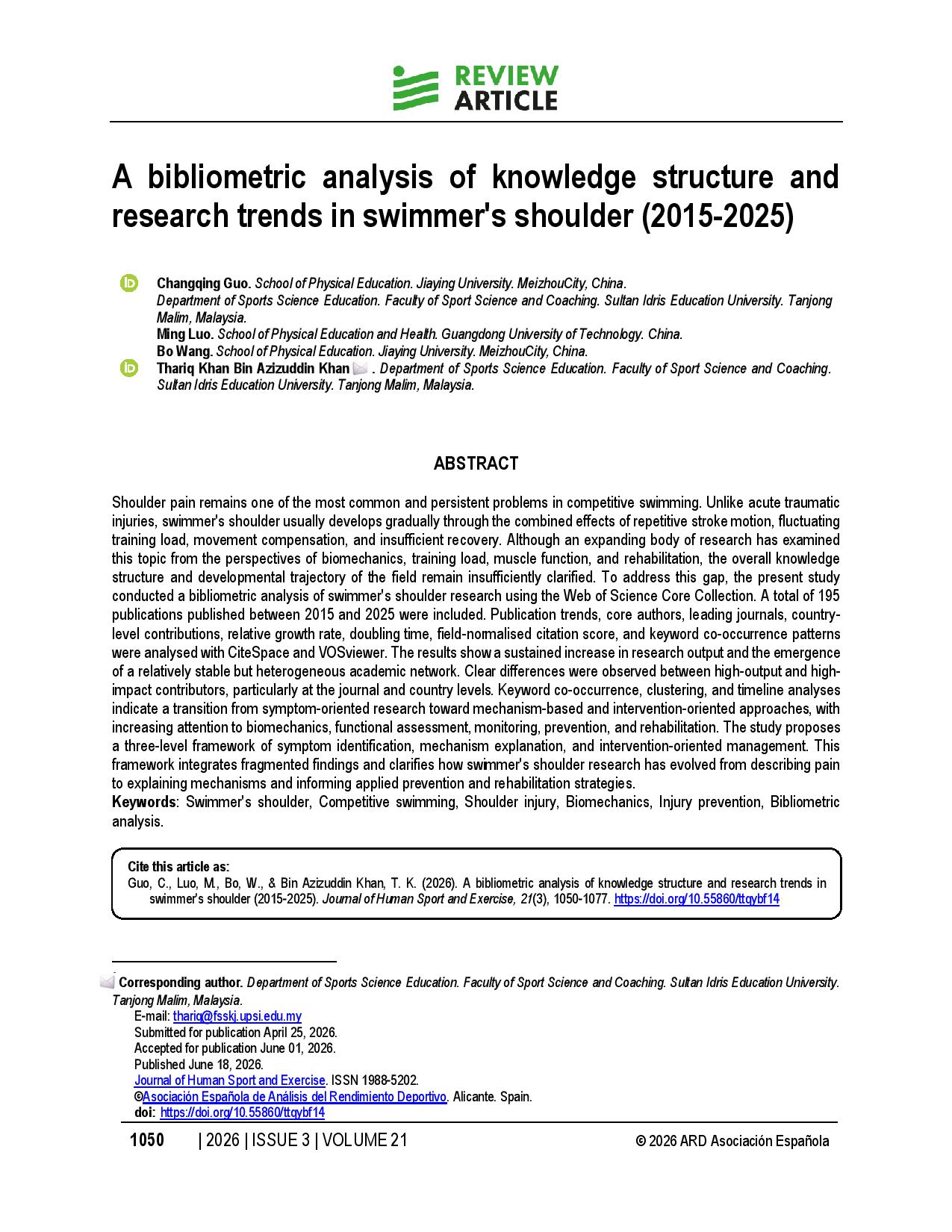 A bibliometric analysis of knowledge structure and research trends in swimmer's shoulder (2015-2025)