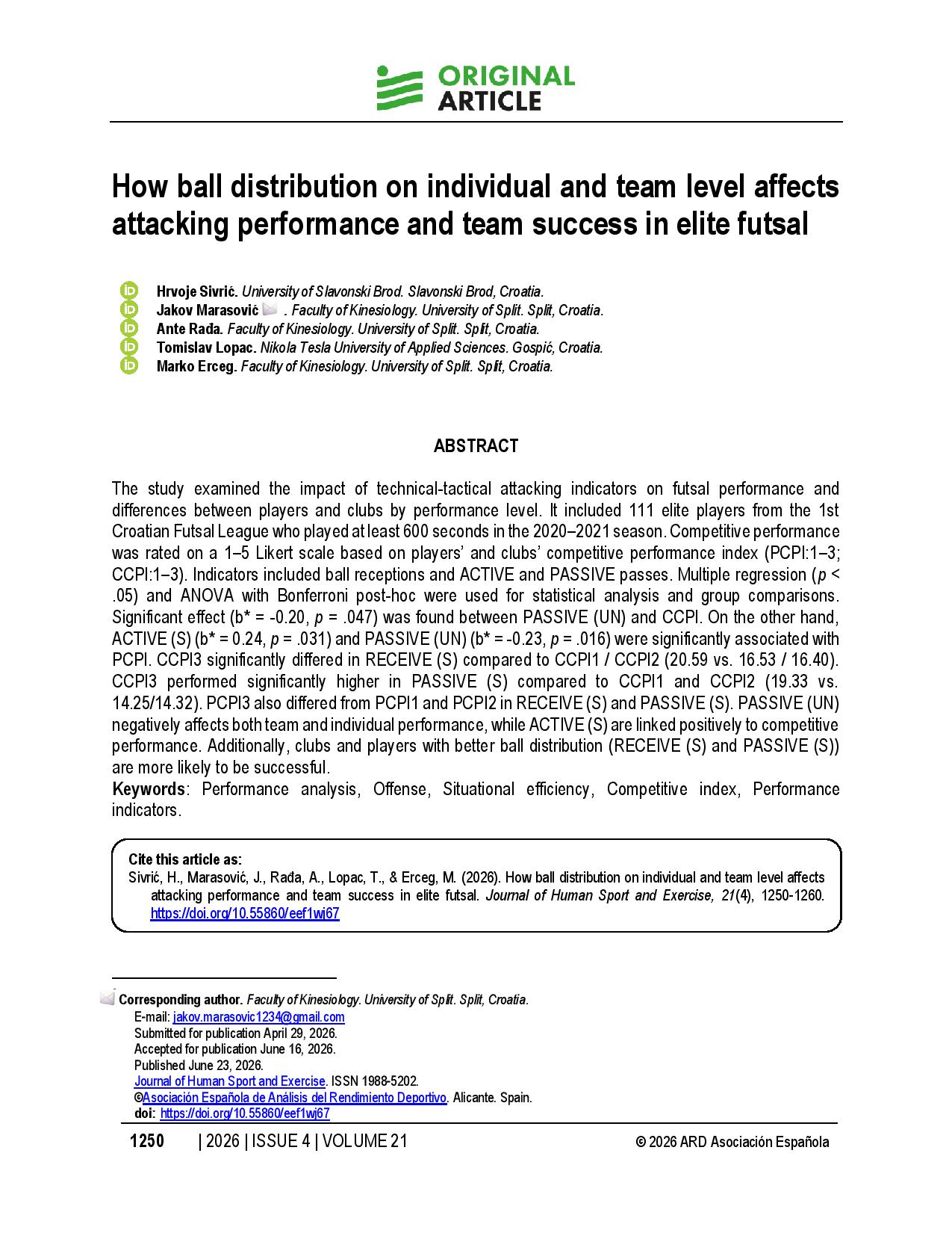 How ball distribution on individual and team level affects attacking performance and team success in elite futsal