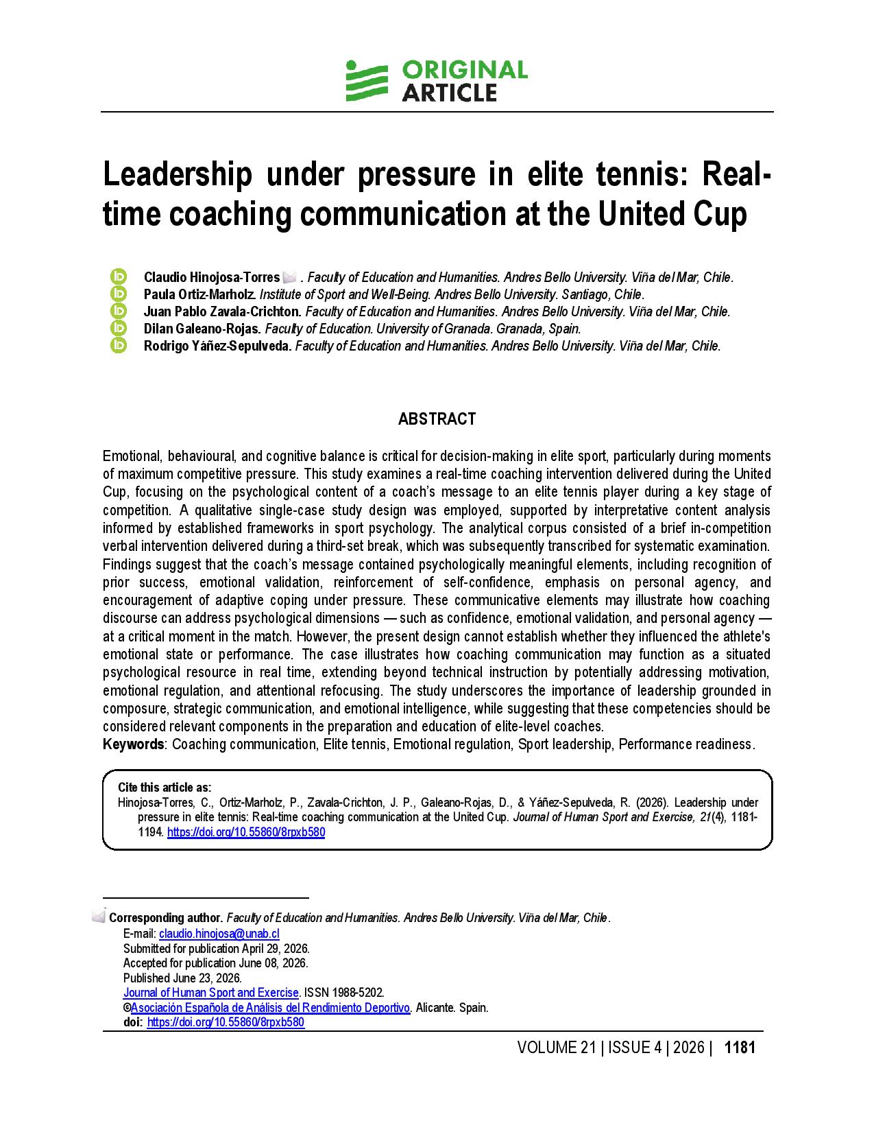 Leadership under pressure in elite tennis: Real-time coaching communication at the United Cup