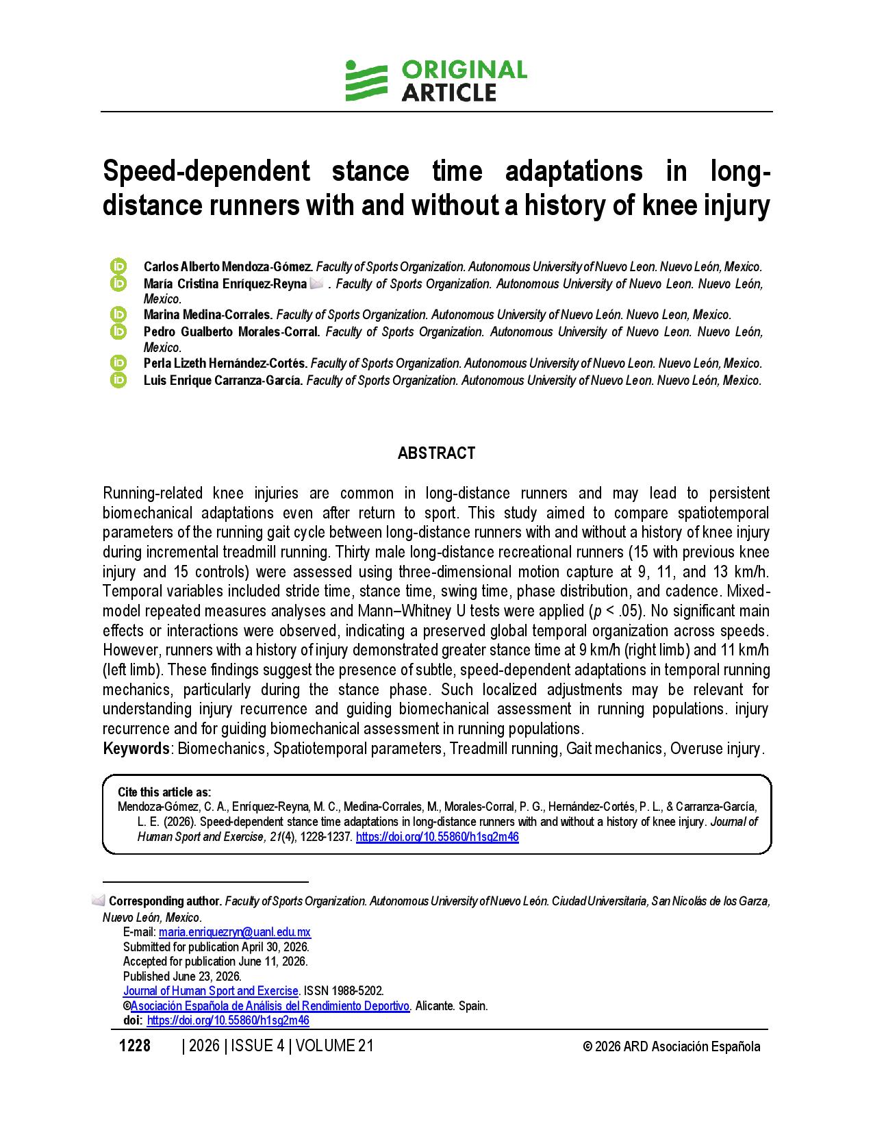 Speed-dependent stance time adaptations in long-distance runners with and without a history of knee injury